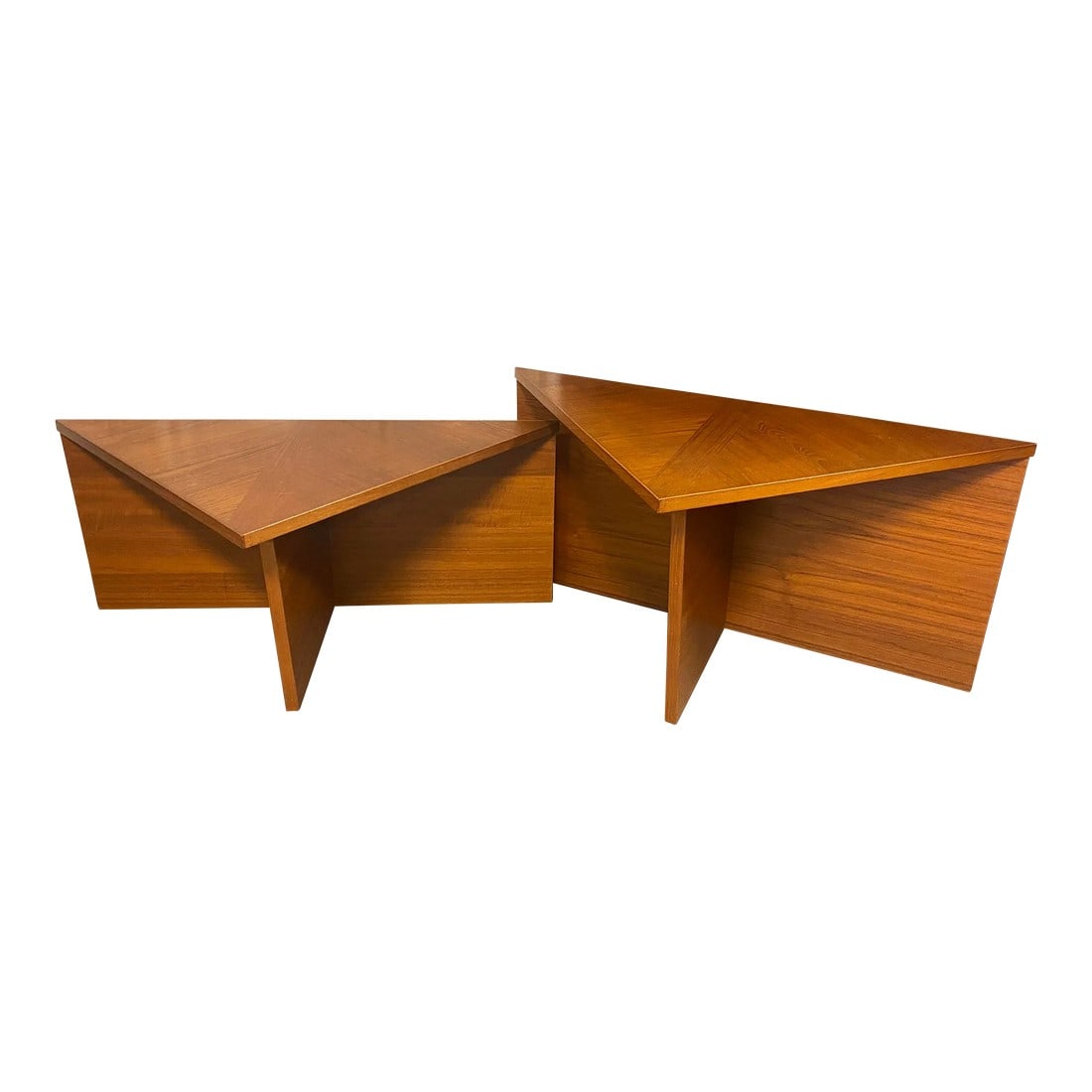 Mid 20th Century Danish Modern Laurits M. Larsen Teak Side Tables - a Pair: Beautiful modern pair of teak triangle side tables. These tables can be arranged in numerous ways or used separately. Wonderful and playful design that will make your living room look fantastic ! Both