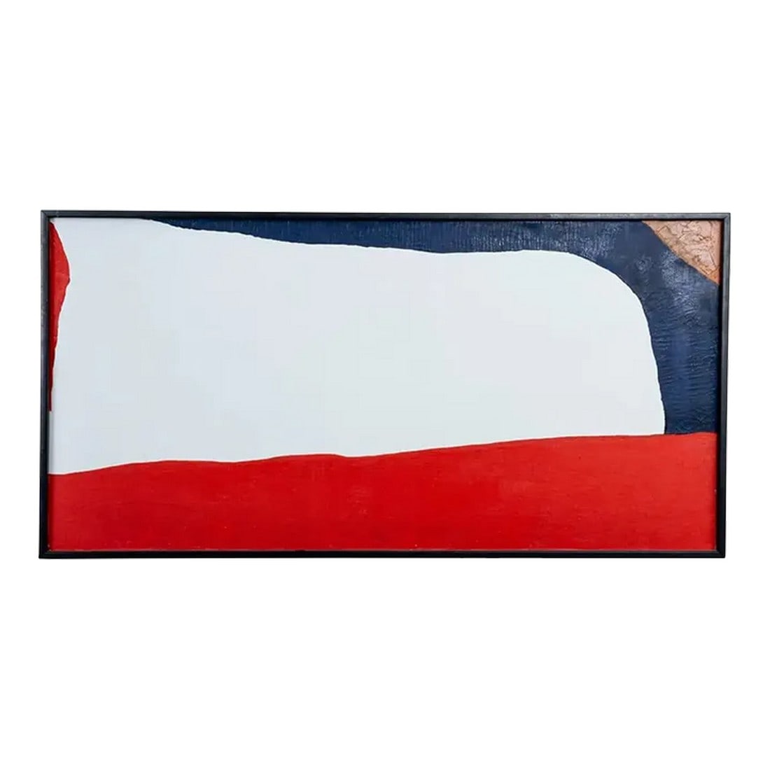 Vintage Color Field Oil on Canvas: Abstract expressionist oil on canvas in the manner of Helen Frankenthaler. Features flowing blocks of strong color on a white ground creating a strong sense of movement and harmony. The back of the