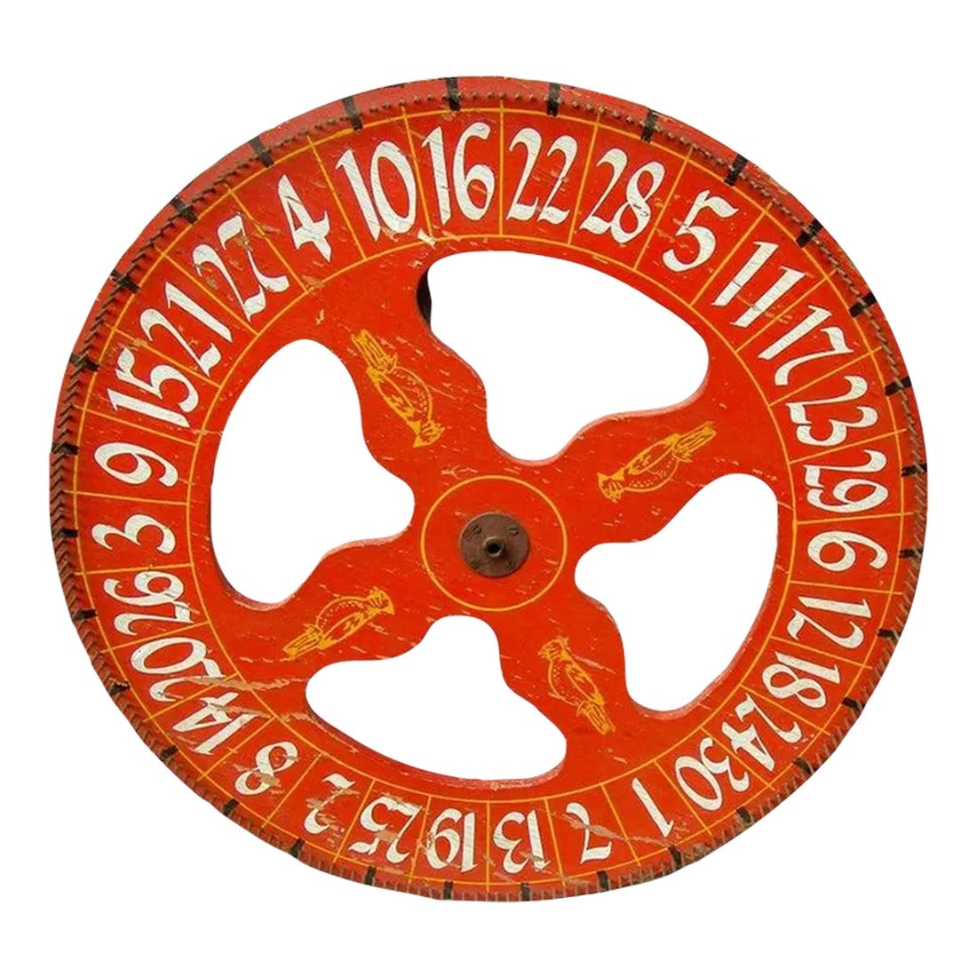 19thc Wooden Folk Art Gaming Wheel With Original Red Paint & Cardinal Design (1 of 9)