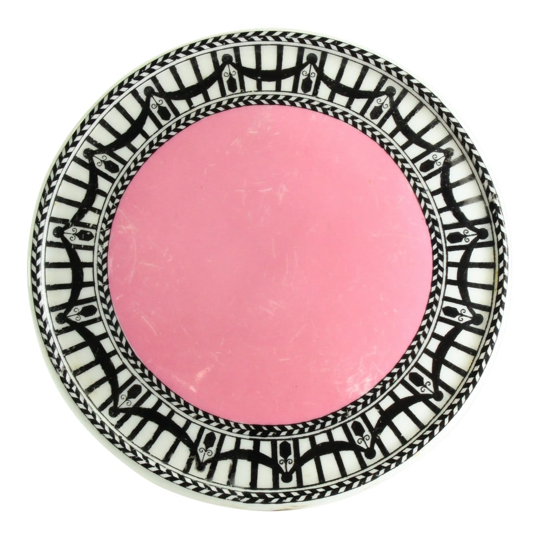 Dated 1918 Royal Worcester Trivet, Teapot Holder on Bun Feet Pink & Black Rare: A lovely early 20th century trivet or teapot stand Flat round plate raised on three bun shaped feet Vivid pink color with elaborate geometrical pattern in black at the border, commensurate with the