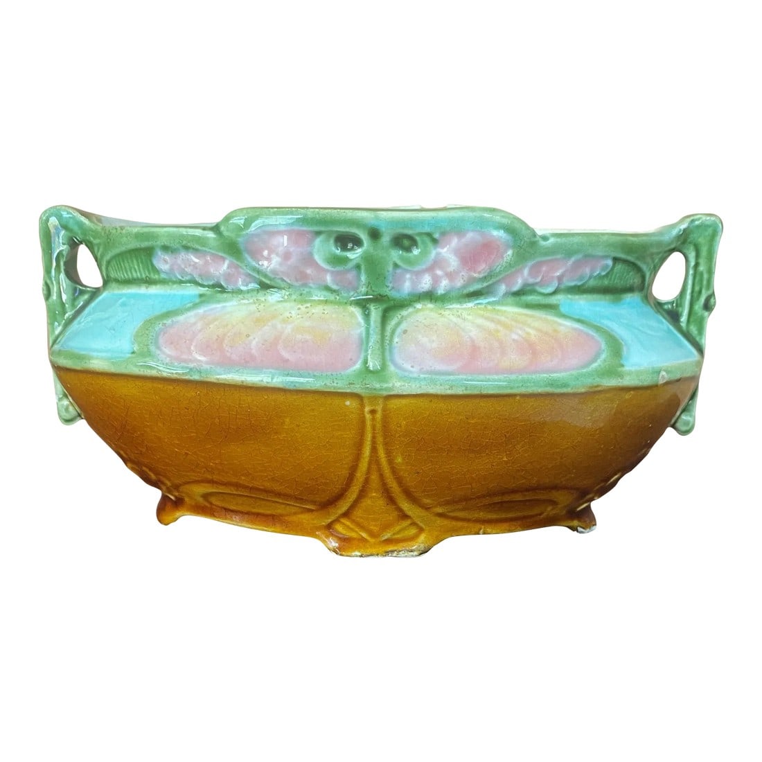 Early 20th Century Majolica Brown, Turquoise and Pink Sugar Bowl: Gorgeous antique majolica turquoise, brown and pink sugar bowl. Footed with small side handles. There are a handful of chips (pictured). 6"W x 3"D x 3"H Condition: Original Condition Unaltered;