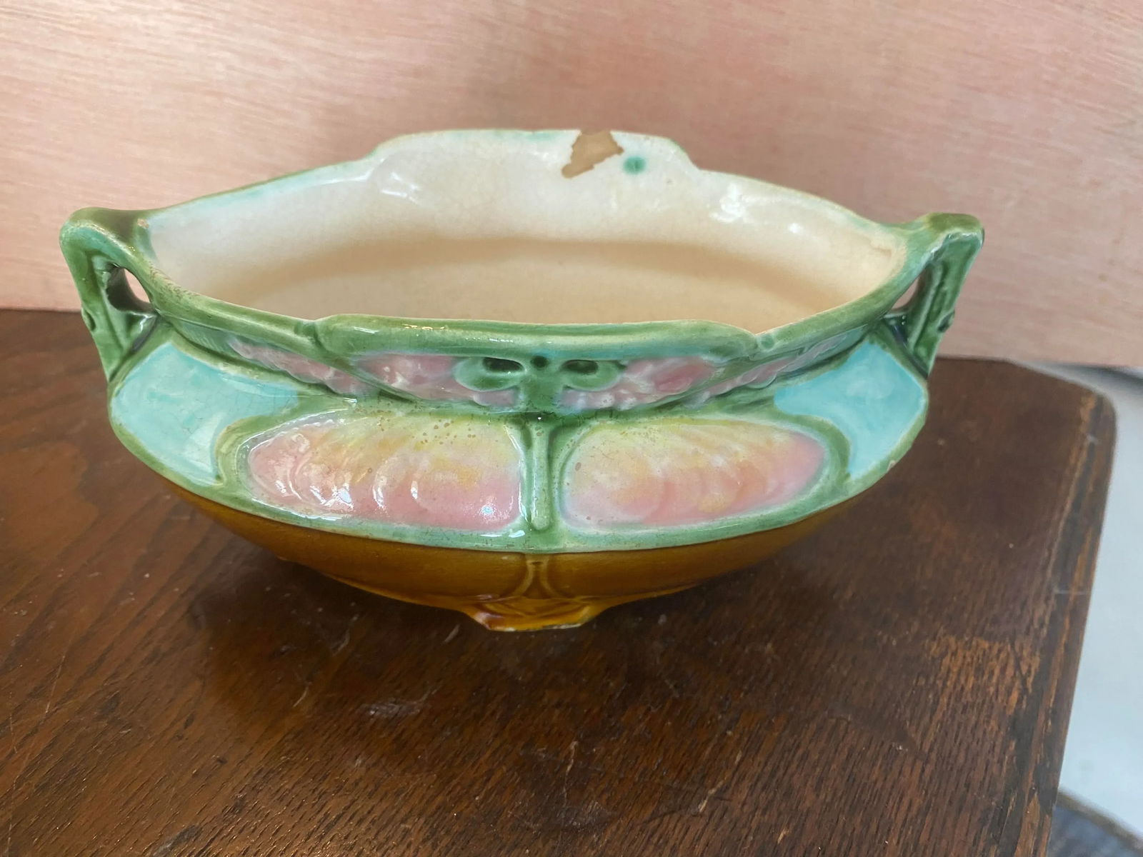 Early 20th Century Majolica Brown, Turquoise and Pink Sugar Bowl - 2