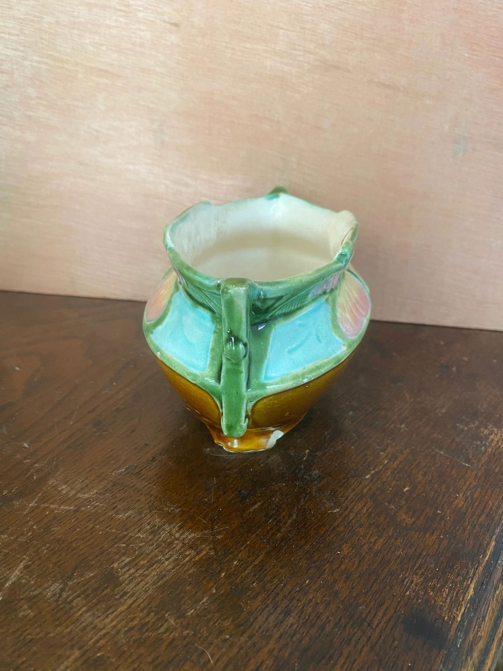 Early 20th Century Majolica Brown, Turquoise and Pink Sugar Bowl - 3