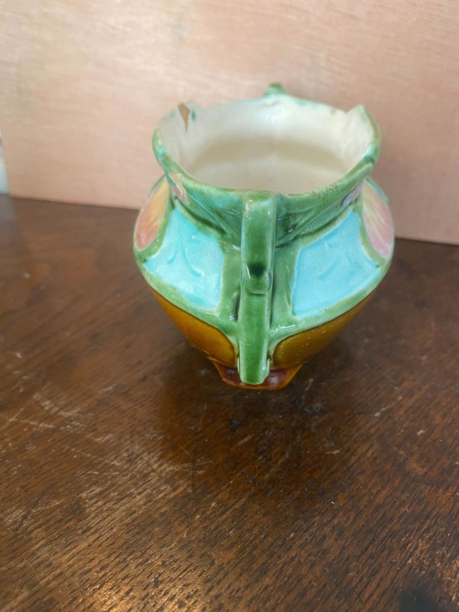 Early 20th Century Majolica Brown, Turquoise and Pink Sugar Bowl - 4