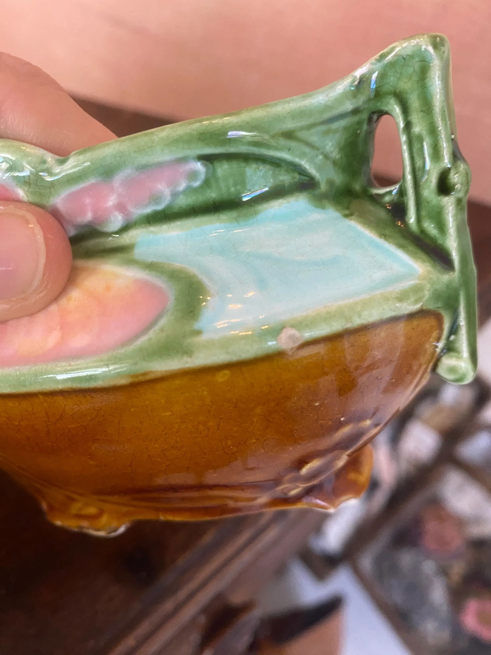 Early 20th Century Majolica Brown, Turquoise and Pink Sugar Bowl - 7