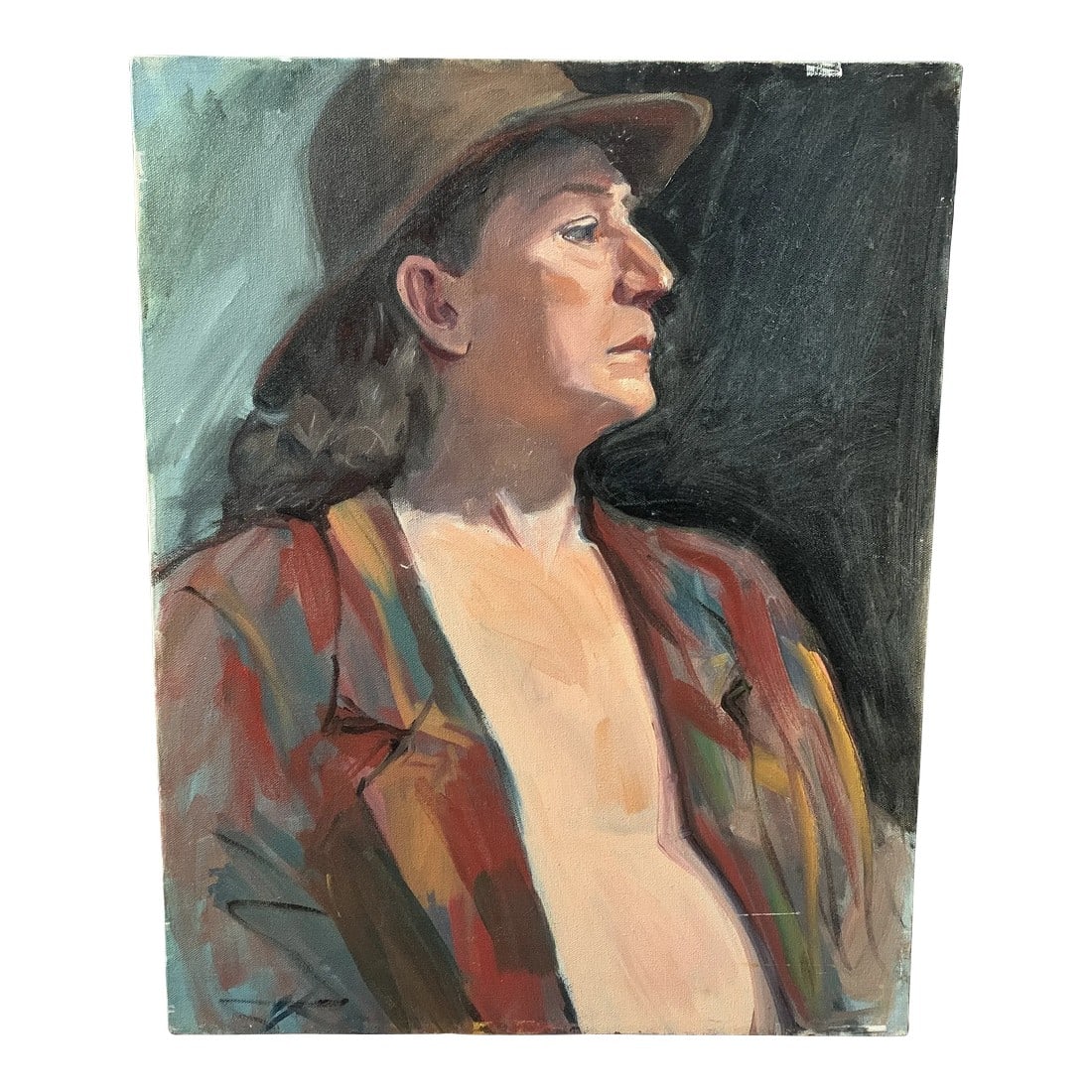 Vintage Modern Realist Signed Portrait Painting of a Woman Wearing a Hat: Vintage portrait painting. Intriguing expression, unique attire and attractive colors make this portrait a great addition to your art gallery wall. Condition: Original Condition Unaltered; Some