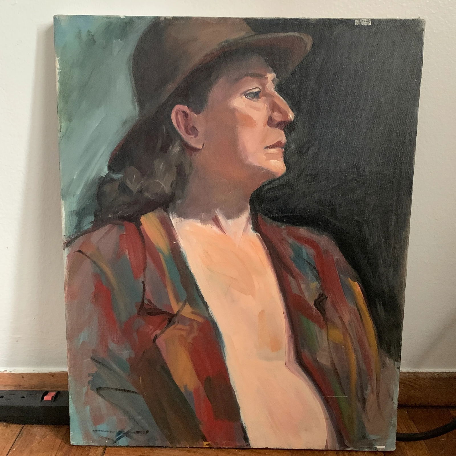 Vintage Modern Realist Signed Portrait Painting of a Woman Wearing a Hat - 2