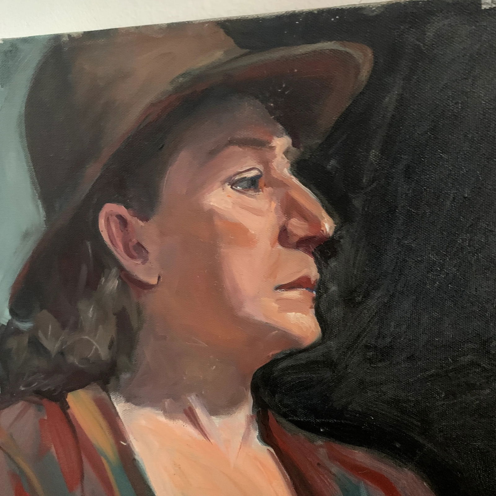 Vintage Modern Realist Signed Portrait Painting of a Woman Wearing a Hat - 3