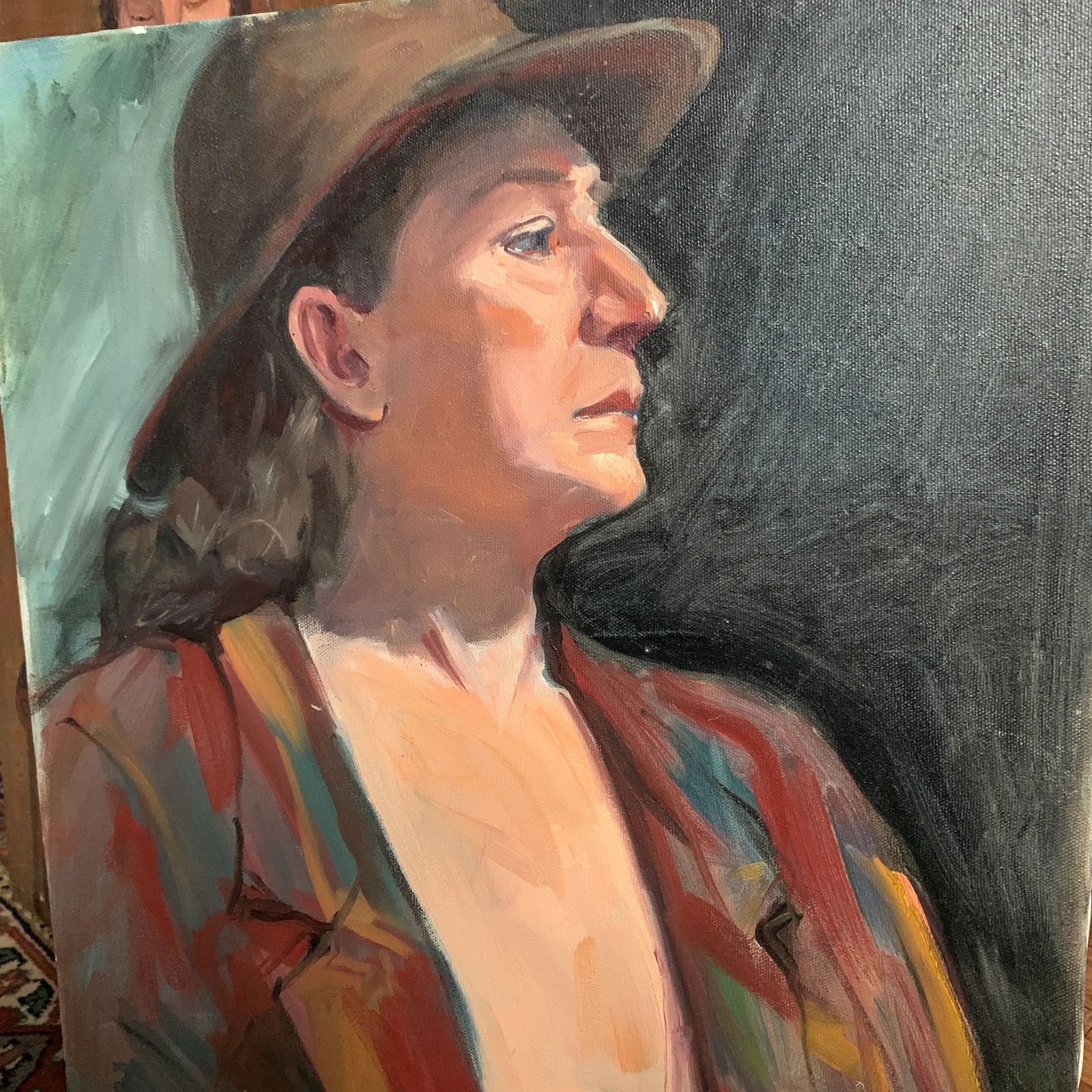 Vintage Modern Realist Signed Portrait Painting of a Woman Wearing a Hat - 6