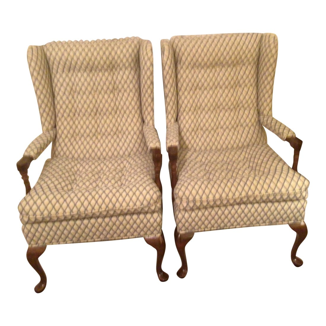 Vintage Ethan Allen Open-Arm Wingback Chairs - a Pair: These Ethan Allen Wing Chairs were made in the 1990s. The exposed wood frame features simple turned arm post, cabriole front legs and simple square rear legs that still have their factory applied soft