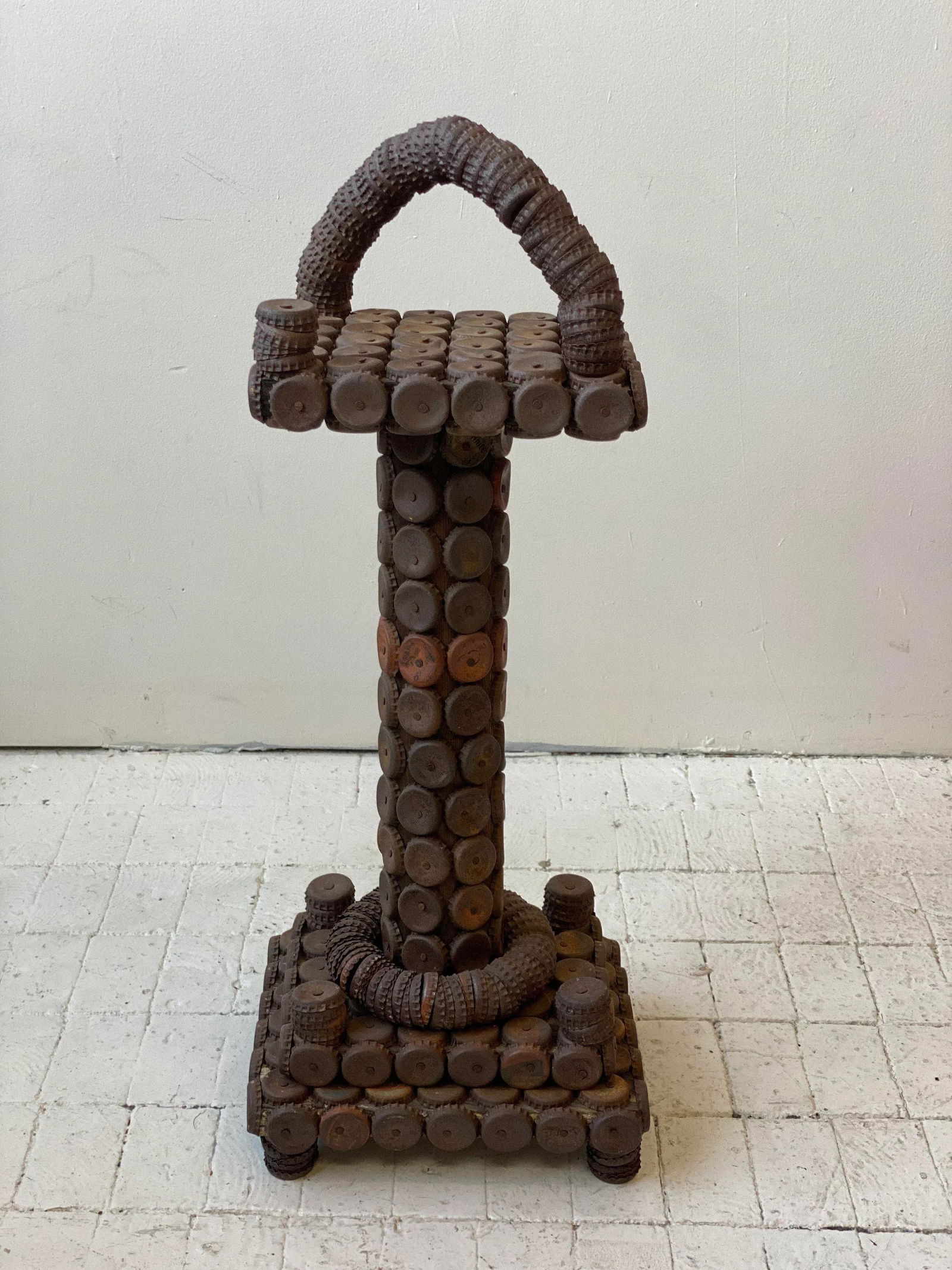 Vintage Folk Art Metal Soda Cap + Wood Table, Circa 1970s - 2