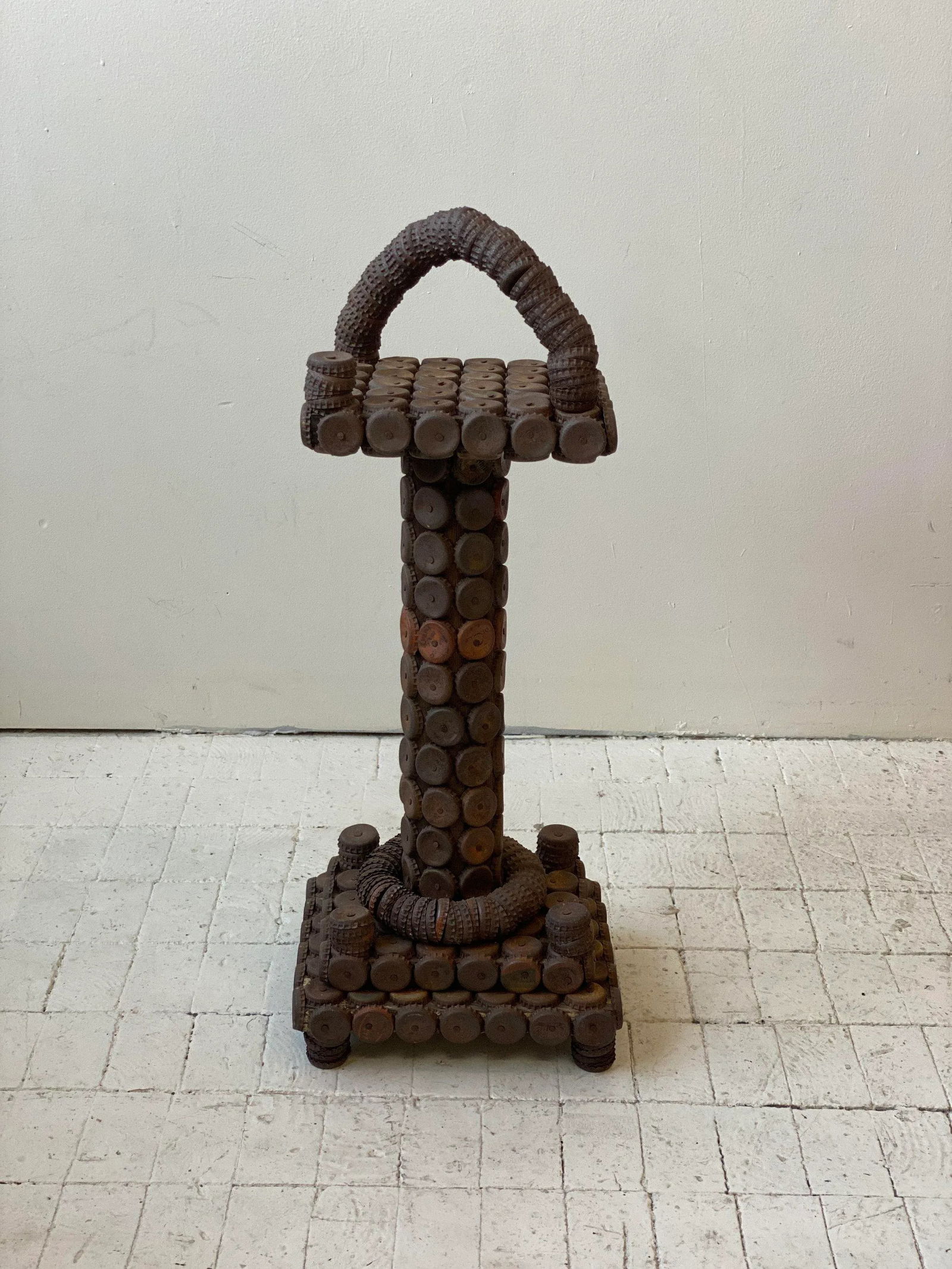 Vintage Folk Art Metal Soda Cap + Wood Table, Circa 1970s - 3