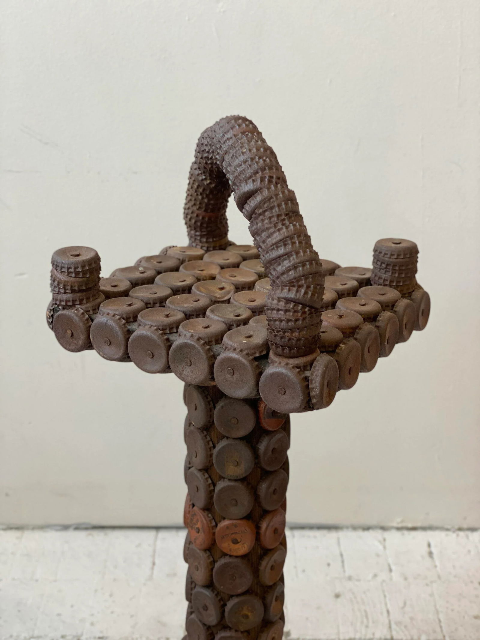 Vintage Folk Art Metal Soda Cap + Wood Table, Circa 1970s - 4