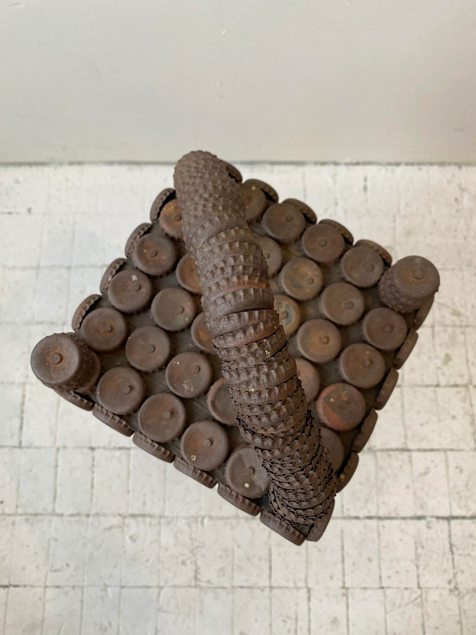 Vintage Folk Art Metal Soda Cap + Wood Table, Circa 1970s - 5