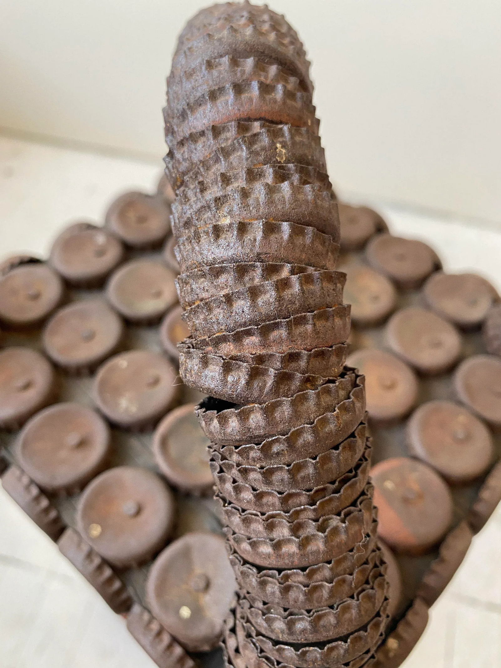 Vintage Folk Art Metal Soda Cap + Wood Table, Circa 1970s - 7