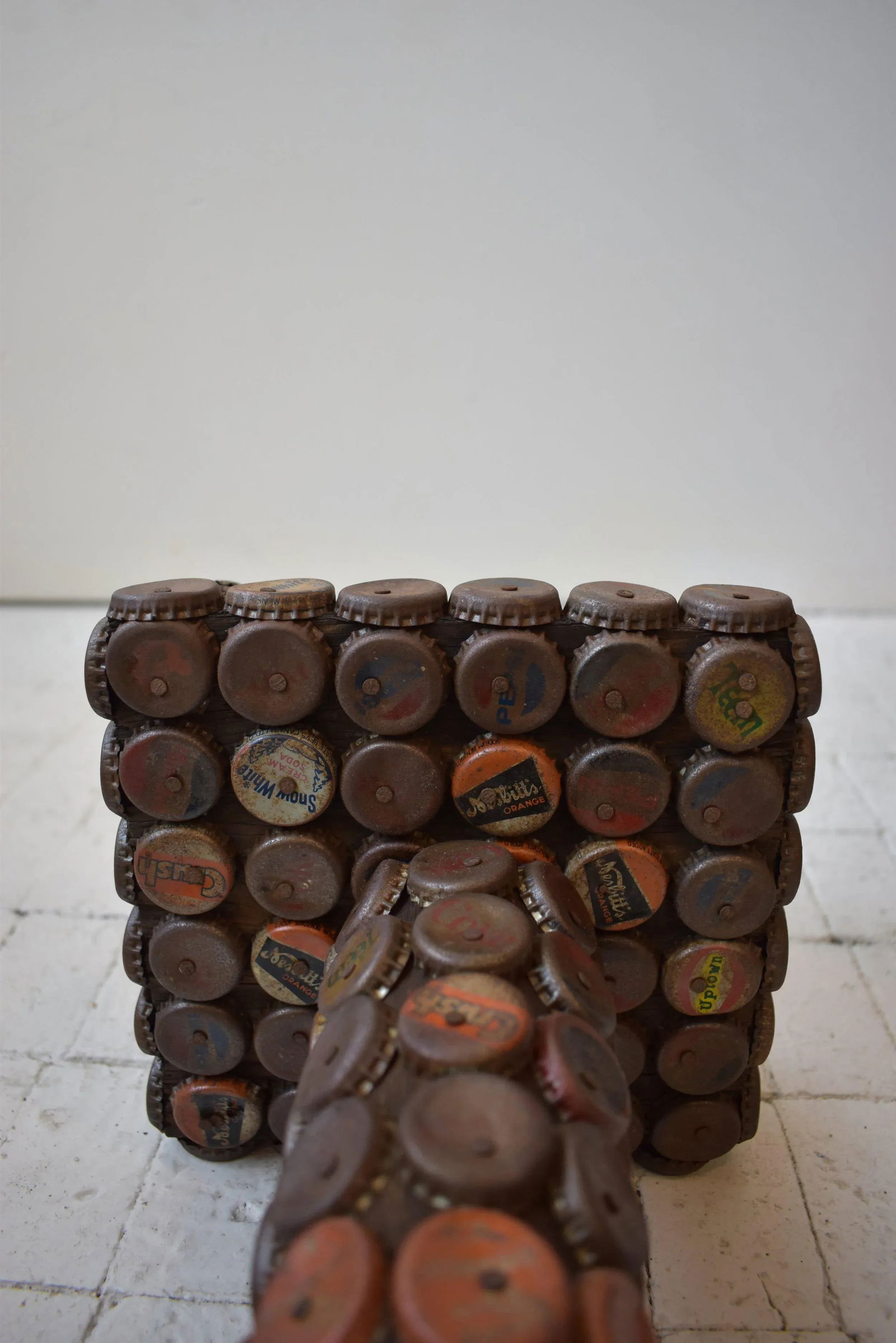 Vintage Folk Art Metal Soda Cap + Wood Table, Circa 1970s - 8