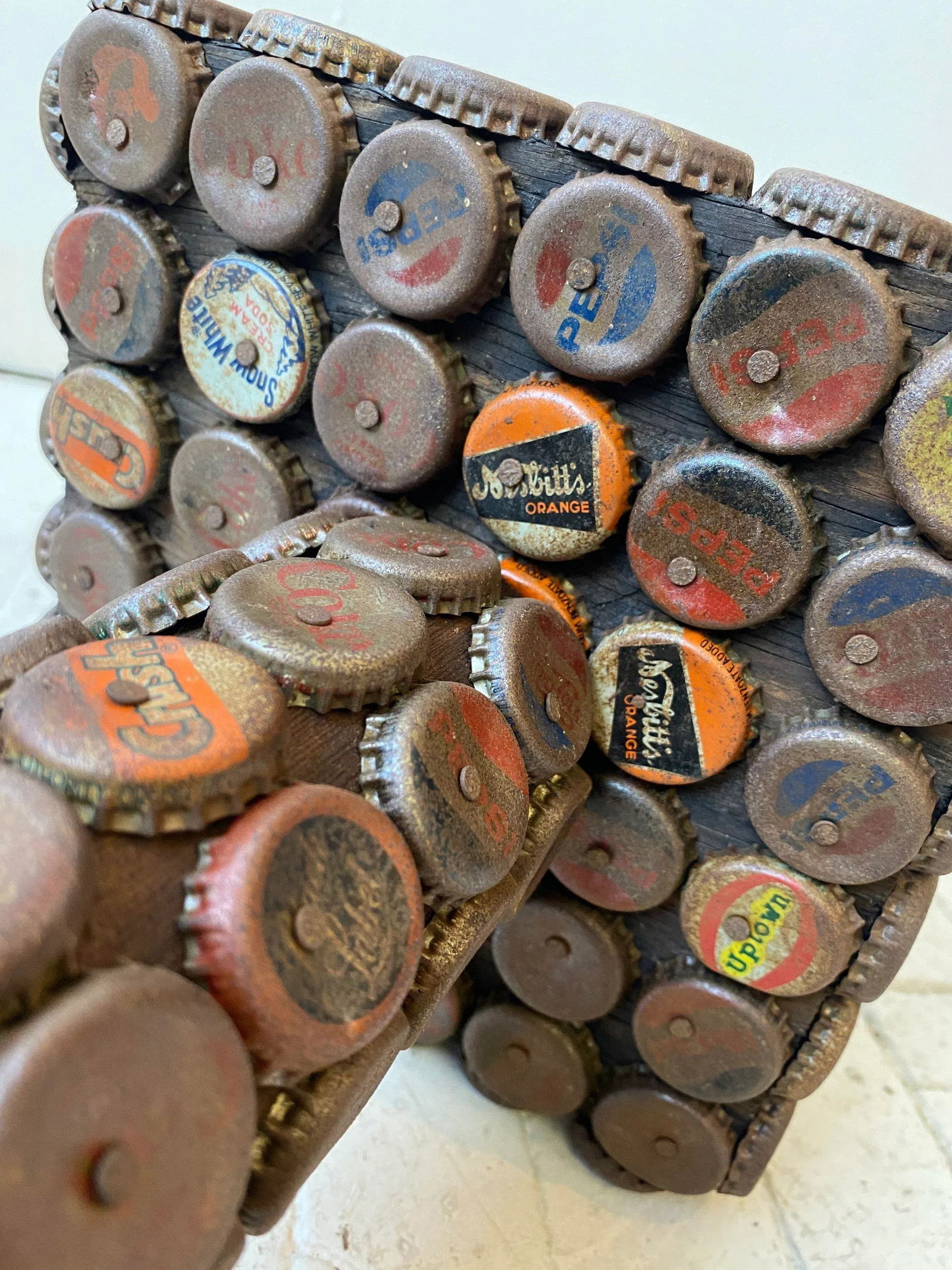 Vintage Folk Art Metal Soda Cap + Wood Table, Circa 1970s - 9