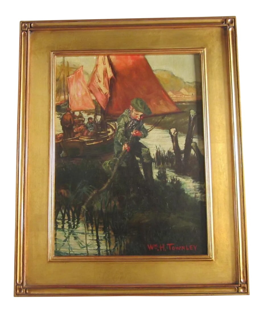 Young Boy Fishing Oil Painting: Charming, oil on board of a young boy fishing at the waters edge by listed artist, William H. Townley, (1885-1956) William H. Townley was active/lived in New York. He is known for painting children,