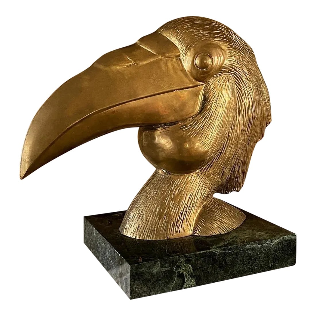 Vintage 1950s Large Brass Hornbill Toucan Bird on Marble Plinth: Absolutely gorgeous oversized brass hornbill toucan on marble plinth. The detail is stunning! A museum piece! Condition: Original Condition Unaltered; Some Imperfections; The brass bird shifts a littl