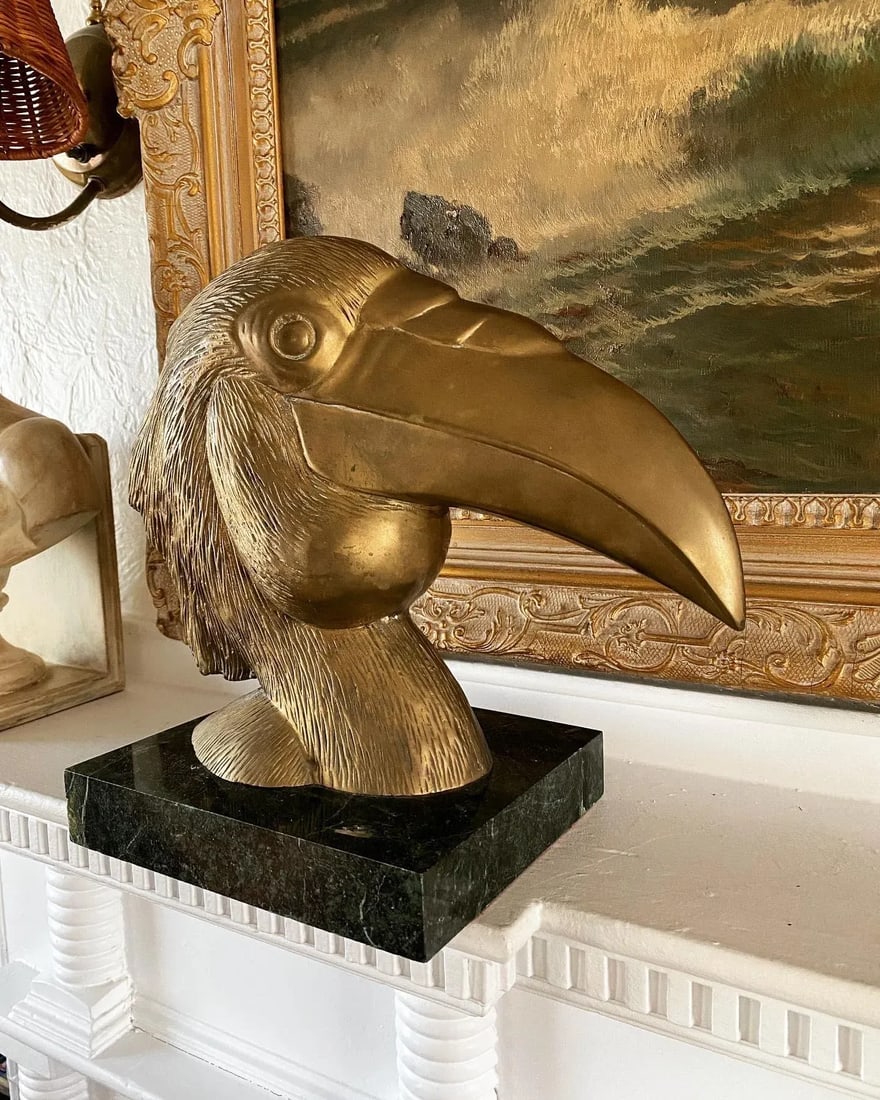 Vintage 1950s Large Brass Hornbill Toucan Bird on Marble Plinth - 2