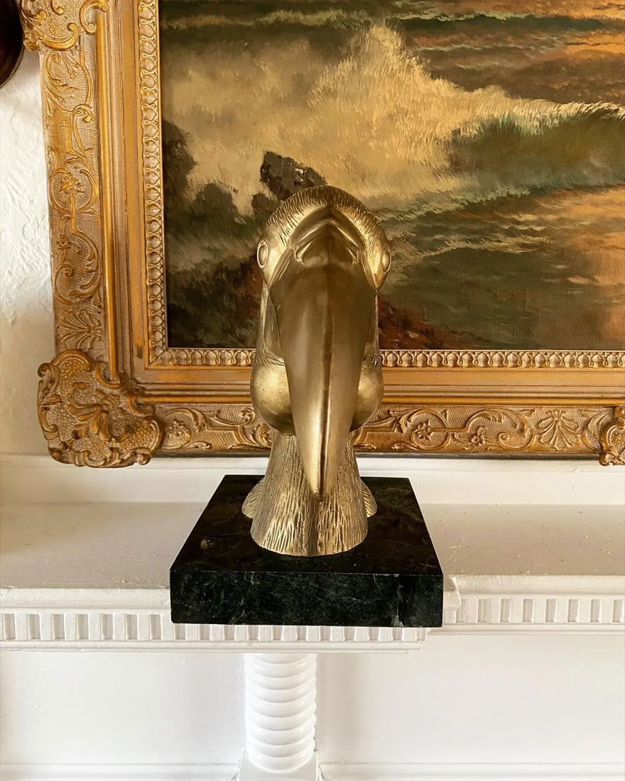 Vintage 1950s Large Brass Hornbill Toucan Bird on Marble Plinth - 5