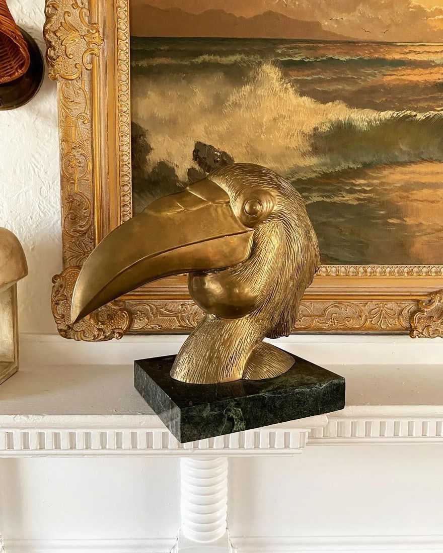 Vintage 1950s Large Brass Hornbill Toucan Bird on Marble Plinth - 6