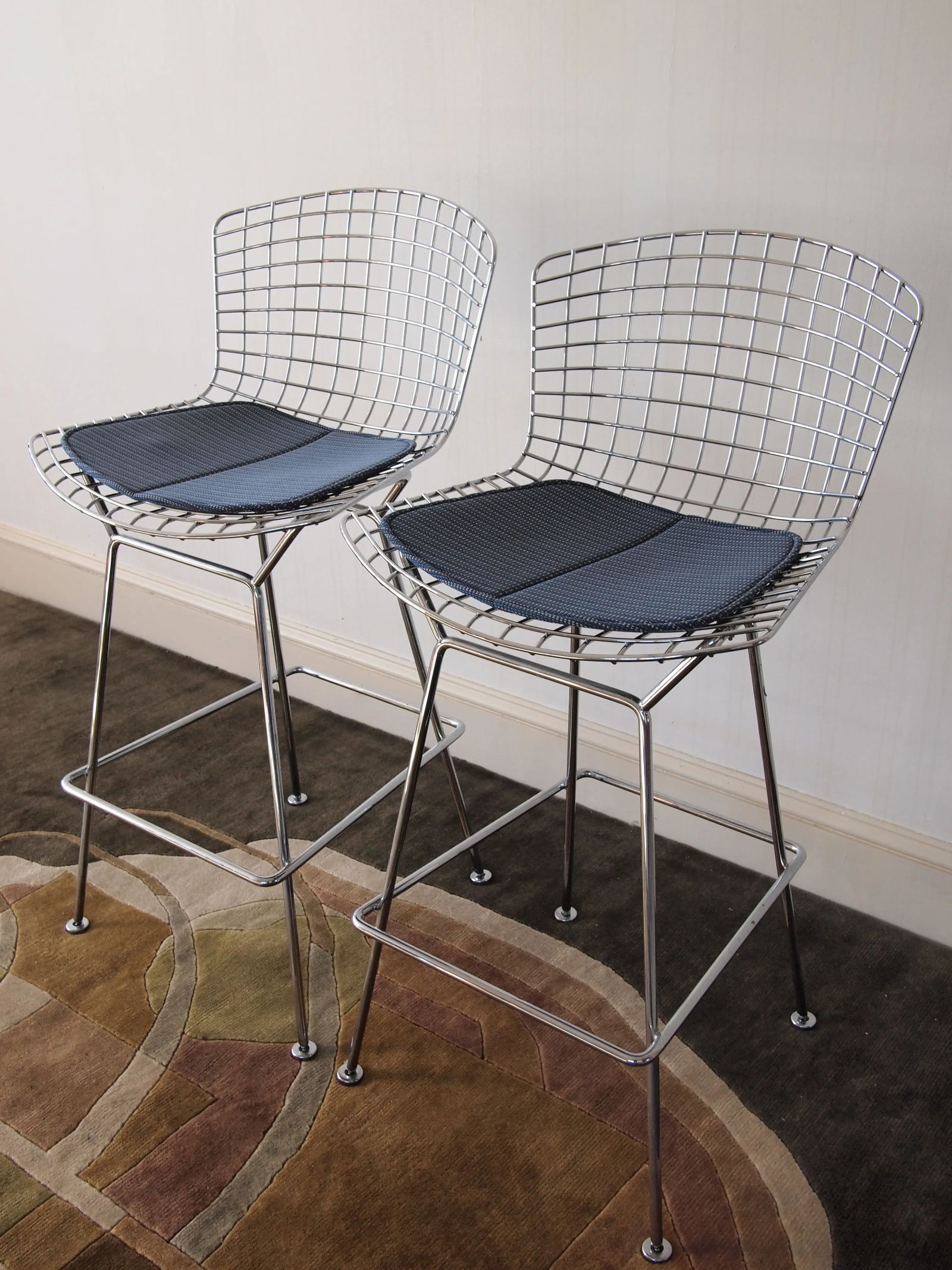 Late 20th Century Knoll Harry Bertoia Barstools in Chrome with Fabric Seat Pads - a Pair - 13