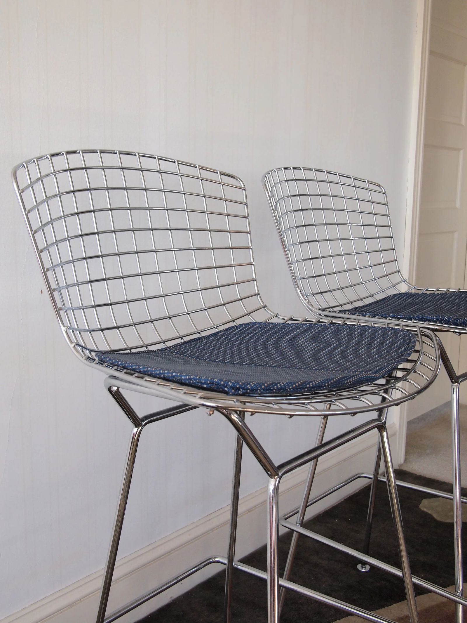 Late 20th Century Knoll Harry Bertoia Barstools in Chrome with Fabric Seat Pads - a Pair - 3