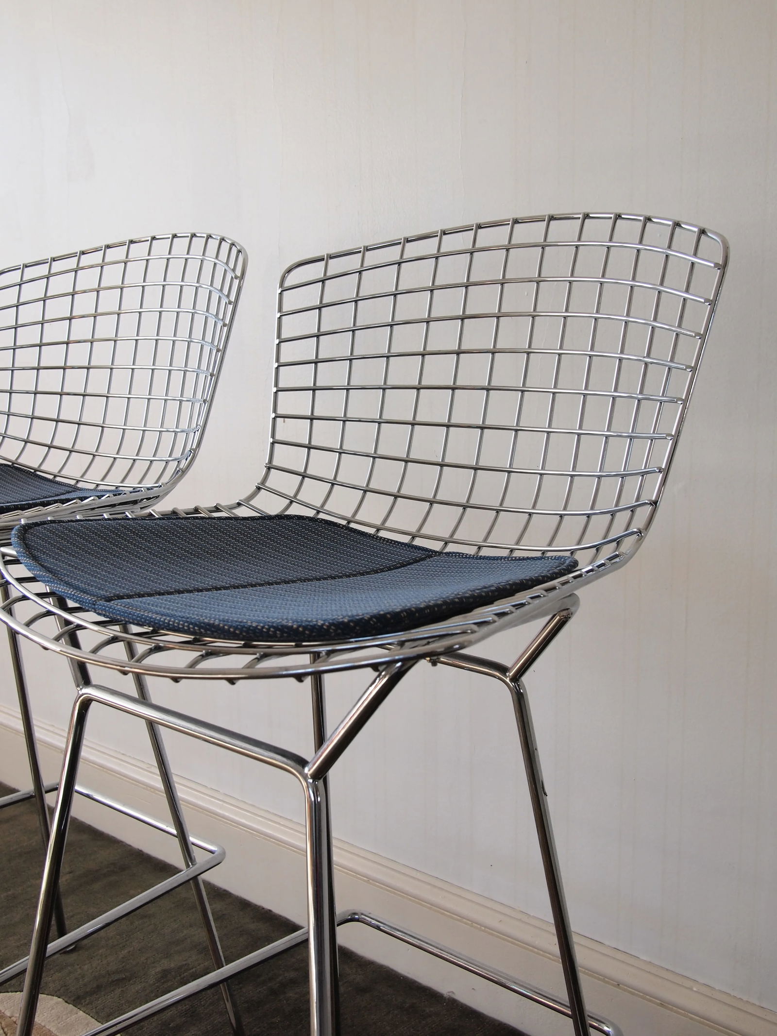 Late 20th Century Knoll Harry Bertoia Barstools in Chrome with Fabric Seat Pads - a Pair - 4