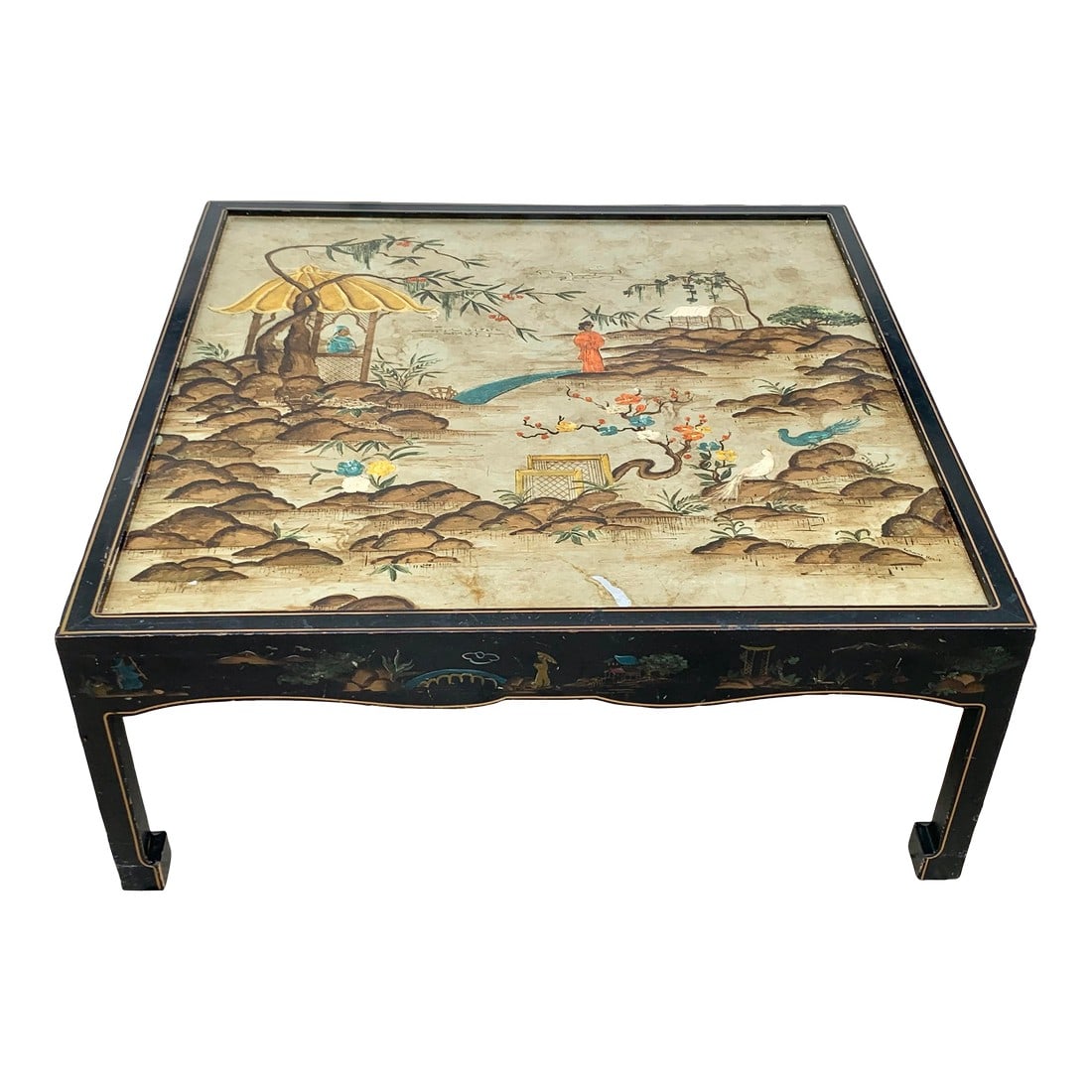 Vintage Chinoiserie Coffee Table by Katherine Henick: Stunning vintage coffee table. Designed and painted by Katherine Henick. Chinoiserie design. Looks like a champagne colored (goldish silver) gold leaf. Metallic background with vibrant colors painted