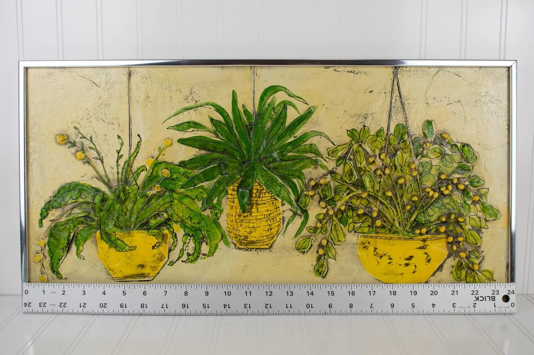 1975 Nancy Potter Contemporary Signed Textural Still Life Painting of Three Hanging Plants - 11