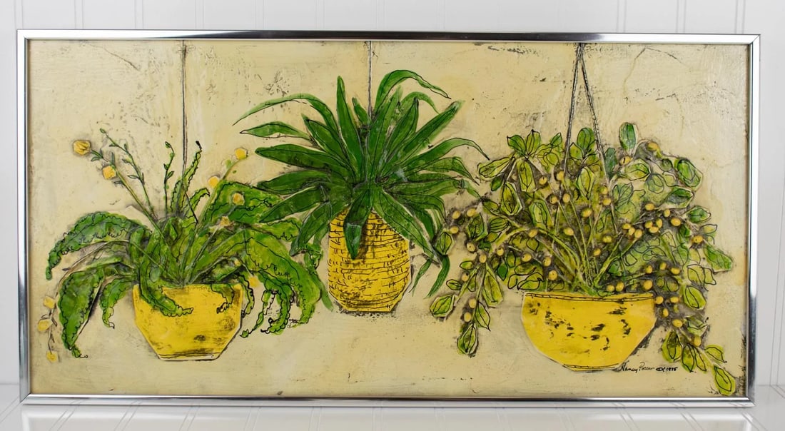 1975 Nancy Potter Contemporary Signed Textural Still Life Painting of Three Hanging Plants - 13