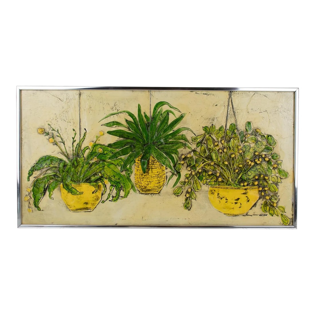 1975 Nancy Potter Contemporary Signed Textural Still Life Painting of Three Hanging Plants: Textural and dimensional art, featuring three hanging potted plants. Background is a pale yellow, with the planters being a brighter pop of yellow. A variety of green shades are used for the leaves an