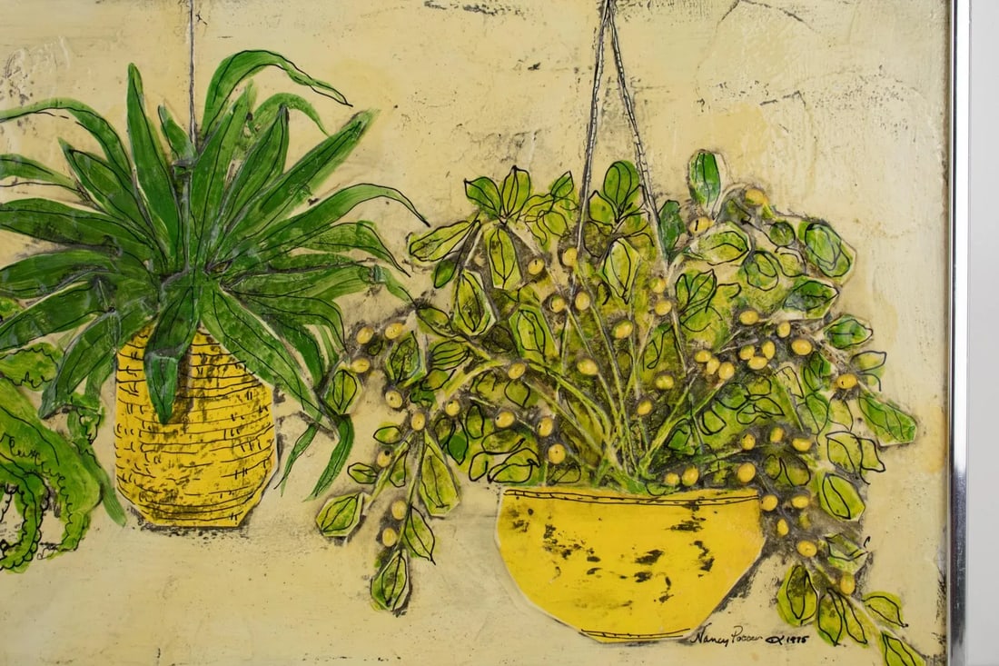 1975 Nancy Potter Contemporary Signed Textural Still Life Painting of Three Hanging Plants - 3