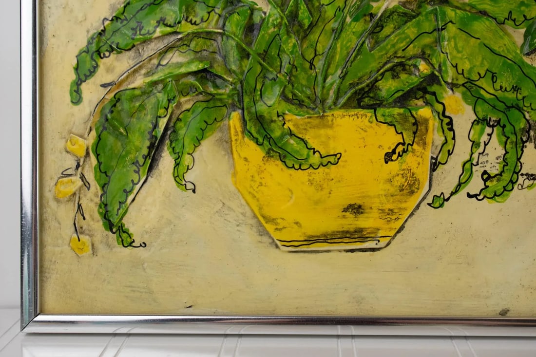 1975 Nancy Potter Contemporary Signed Textural Still Life Painting of Three Hanging Plants - 6