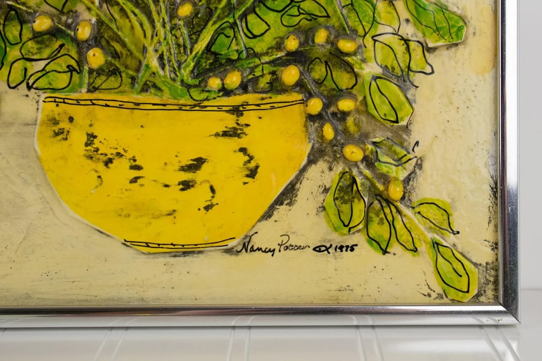 1975 Nancy Potter Contemporary Signed Textural Still Life Painting of Three Hanging Plants - 7