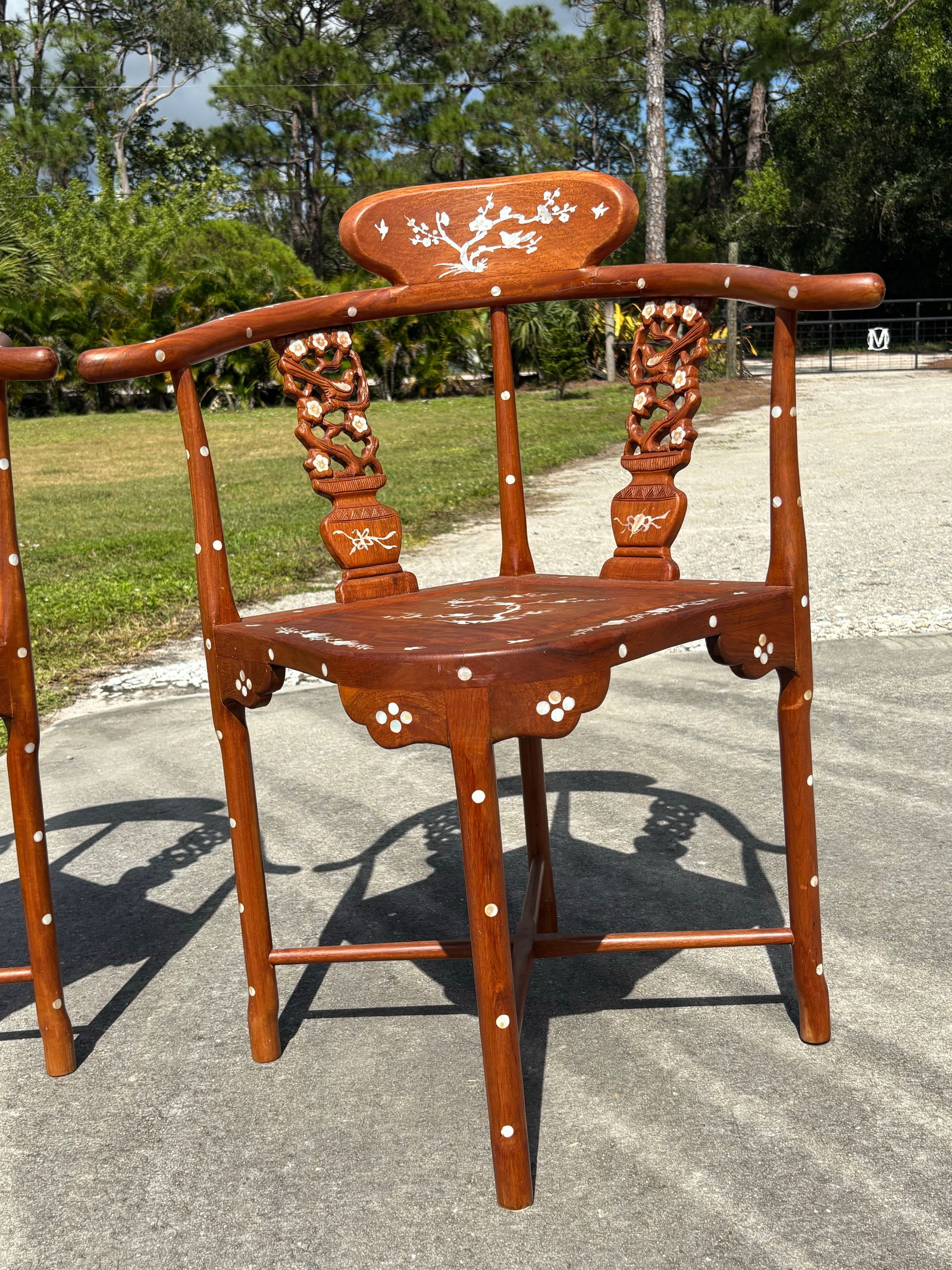 Vintage Mid-Century Asian Hardwood Side Corner Chairs With Mother of Pearl Inlay - Set of 2 - 10