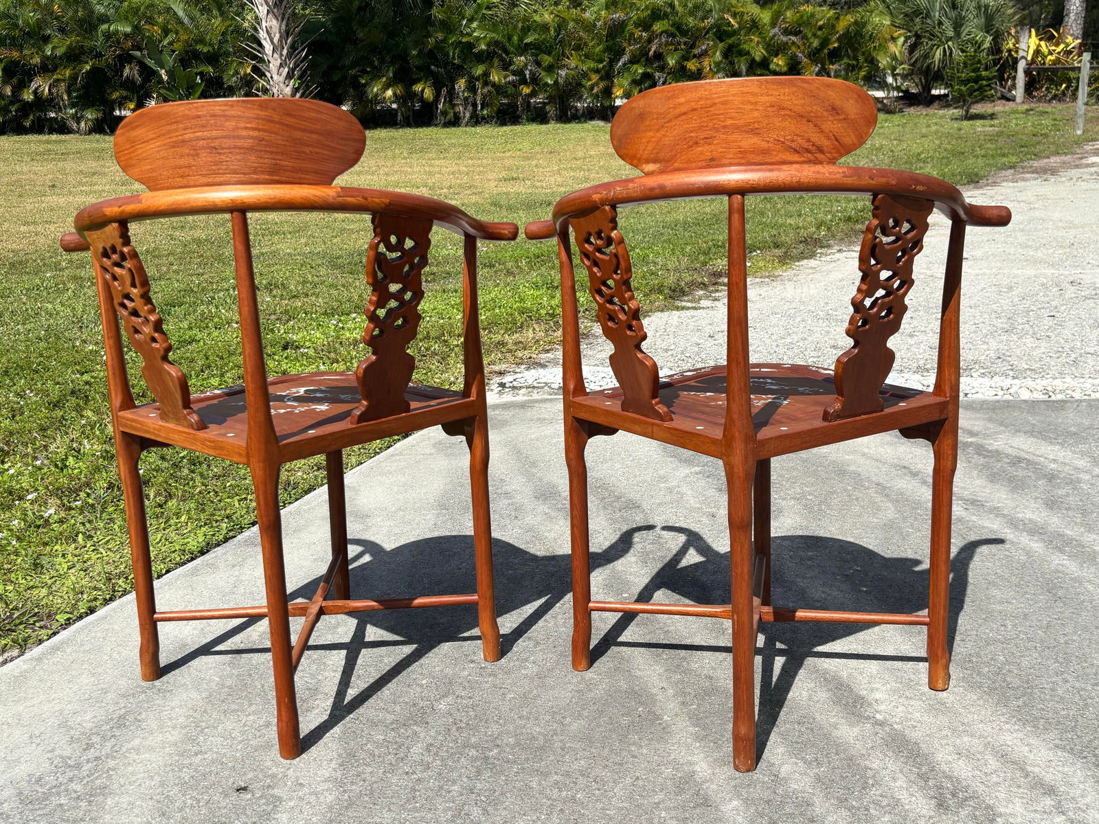 Vintage Mid-Century Asian Hardwood Side Corner Chairs With Mother of Pearl Inlay - Set of 2 - 12