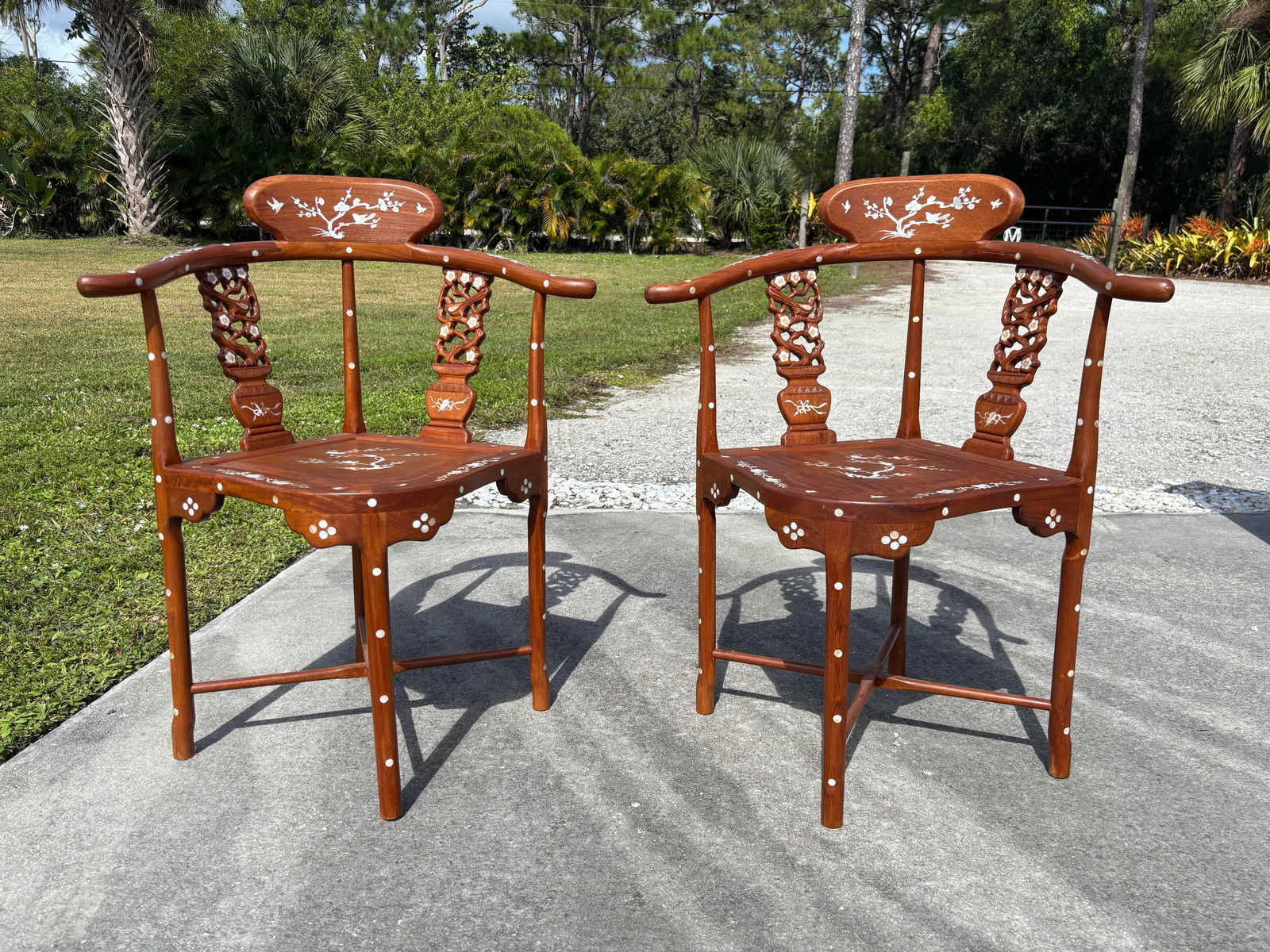 Vintage Mid-Century Asian Hardwood Side Corner Chairs With Mother of Pearl Inlay - Set of 2 - 5