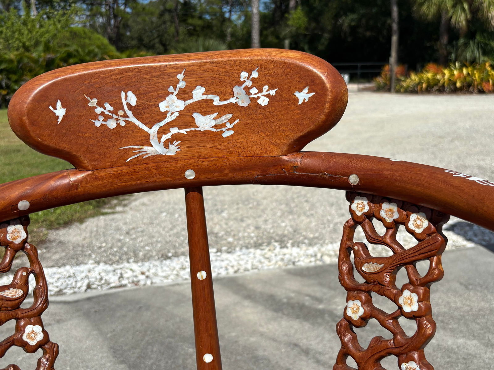 Vintage Mid-Century Asian Hardwood Side Corner Chairs With Mother of Pearl Inlay - Set of 2 - 7