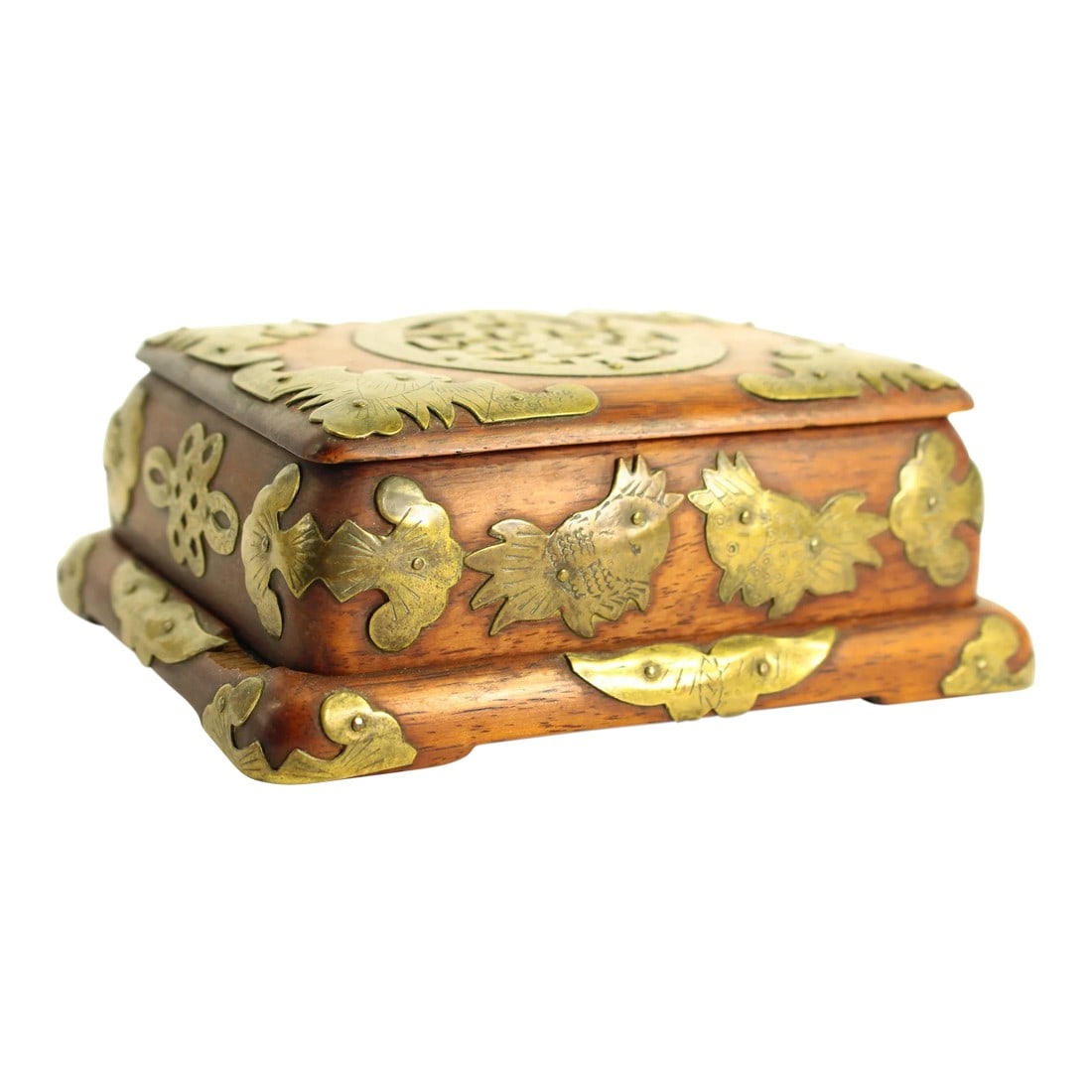 19th Century Boxwood Chinese Box With Brass Overlay, Prosperity "Lu" Sign, Bats & Fish (1 of 13)