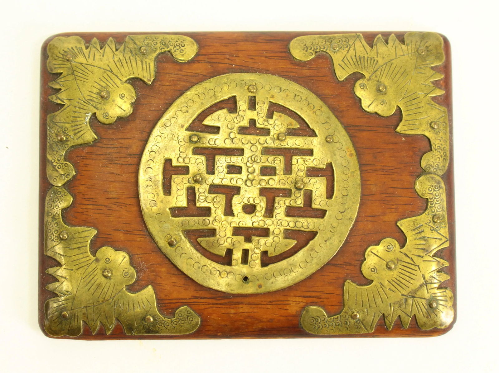 19th Century Boxwood Chinese Box With Brass Overlay, Prosperity "Lu" Sign, Bats & Fish - 8