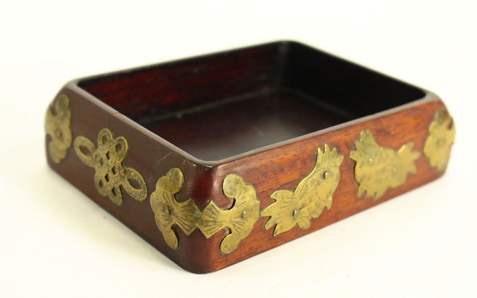 19th Century Boxwood Chinese Box With Brass Overlay, Prosperity "Lu" Sign, Bats & Fish - 9