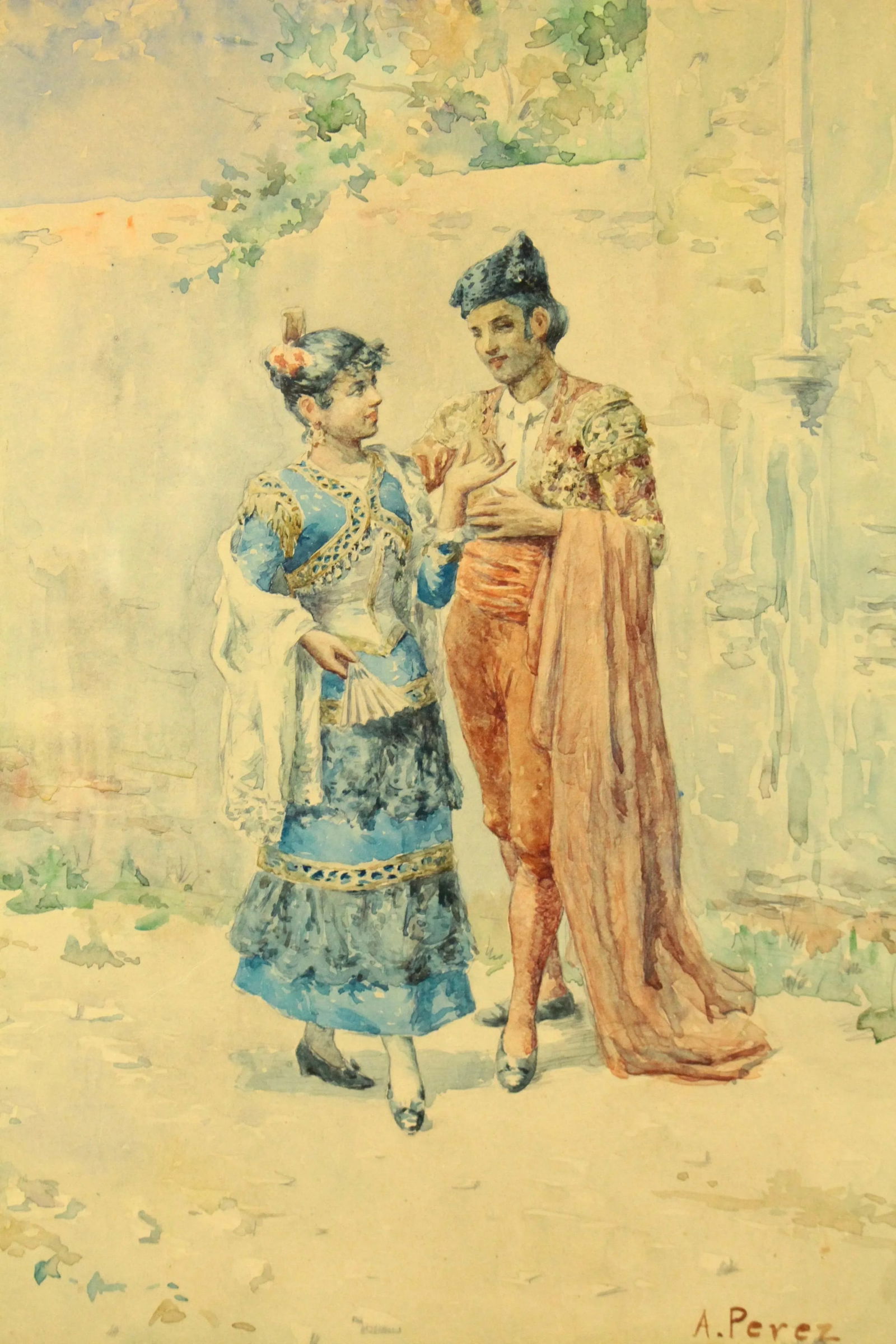Antique Alonso Perez Spanish Watercolor Painting "Toreador & Lady", Signed - 2