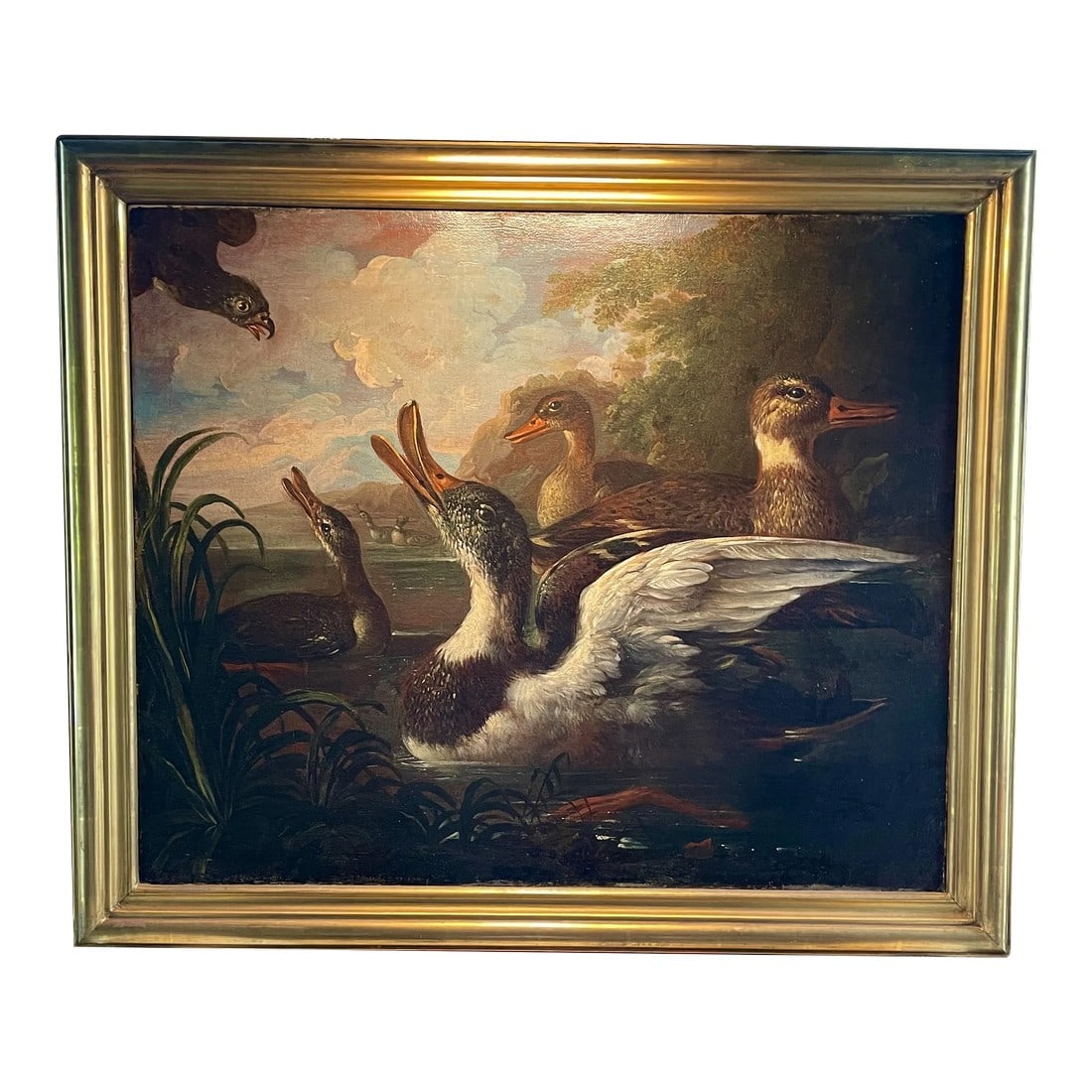 19th Century Realist Landscape Oil Painting of Ducks with Hawk, Framed (1 of 5)
