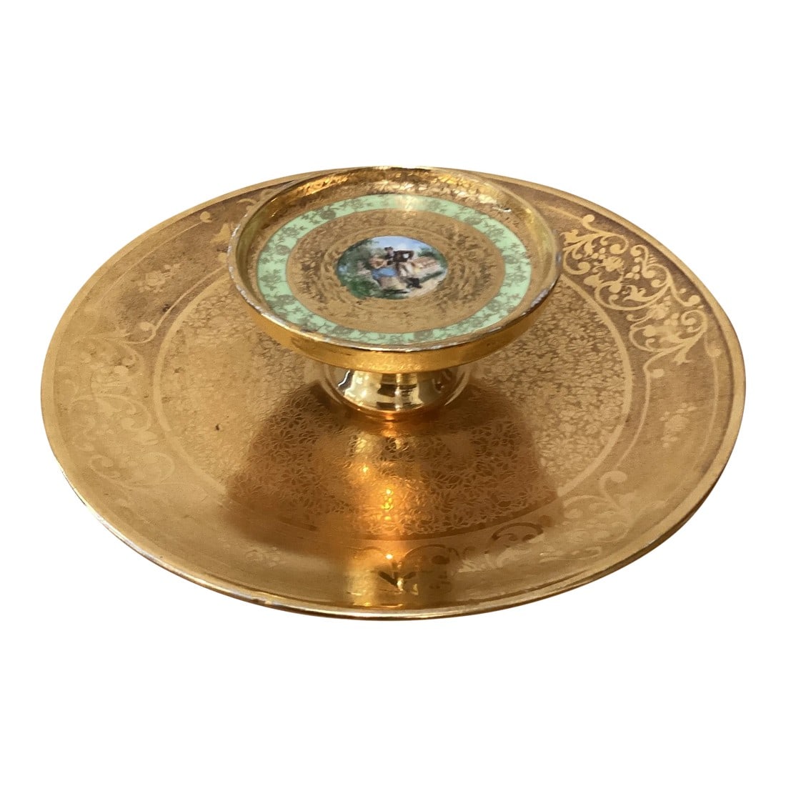 Antique Etched 22K Gold 2-Tiered and Tidbit Porcelain Tray Handmade Hand Painted Men and Women Love: Rare Antique Etched 22 K Gold 2 Tiered and Tidbit Porcelain Tray Handmade Hand Painted Men and Women Love Story Signed Osborne and Stamps Artist This unusual antique heavy etched gold 2 tiered porcela