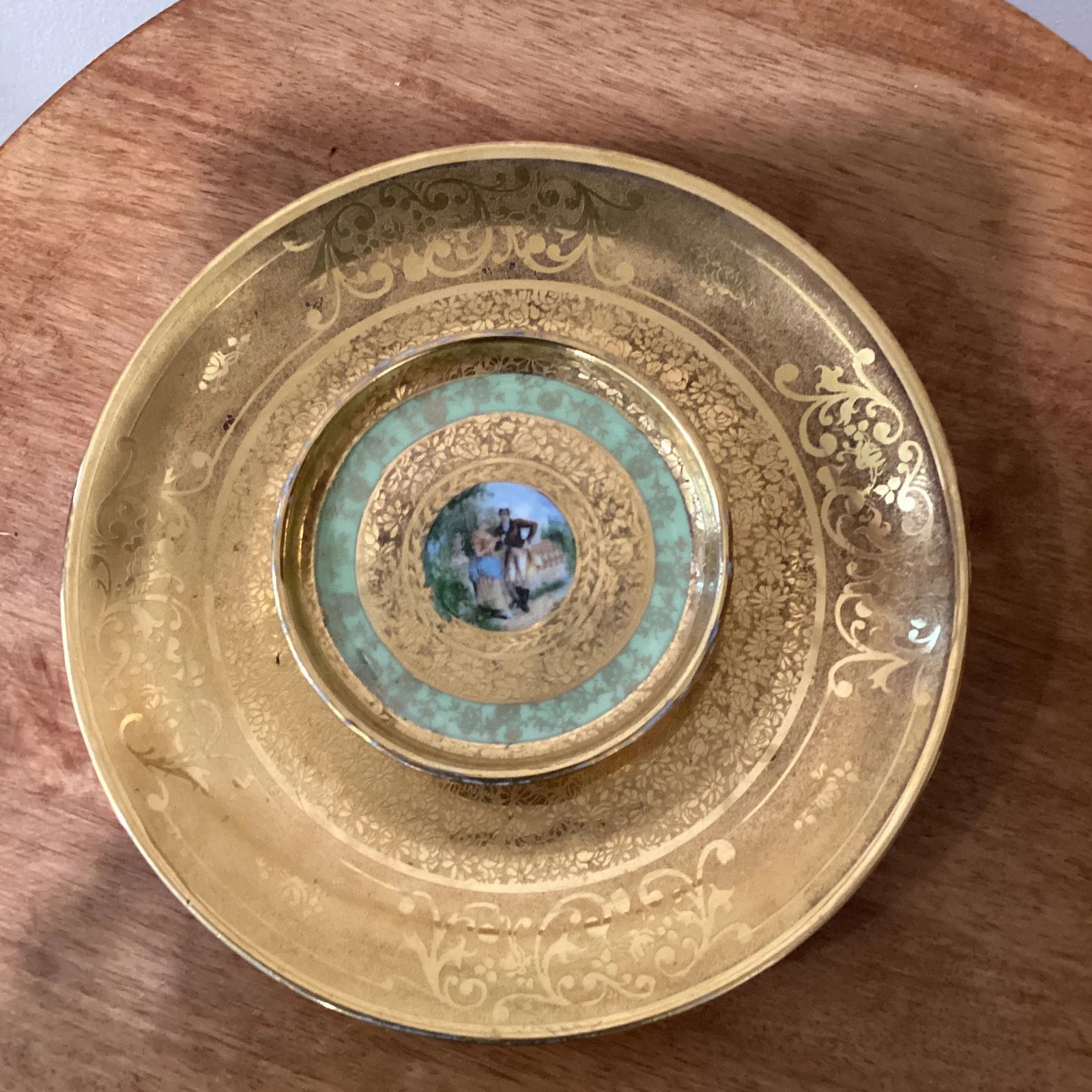 Antique Etched 22K Gold 2-Tiered and Tidbit Porcelain Tray Handmade Hand Painted Men and Women Love - 2