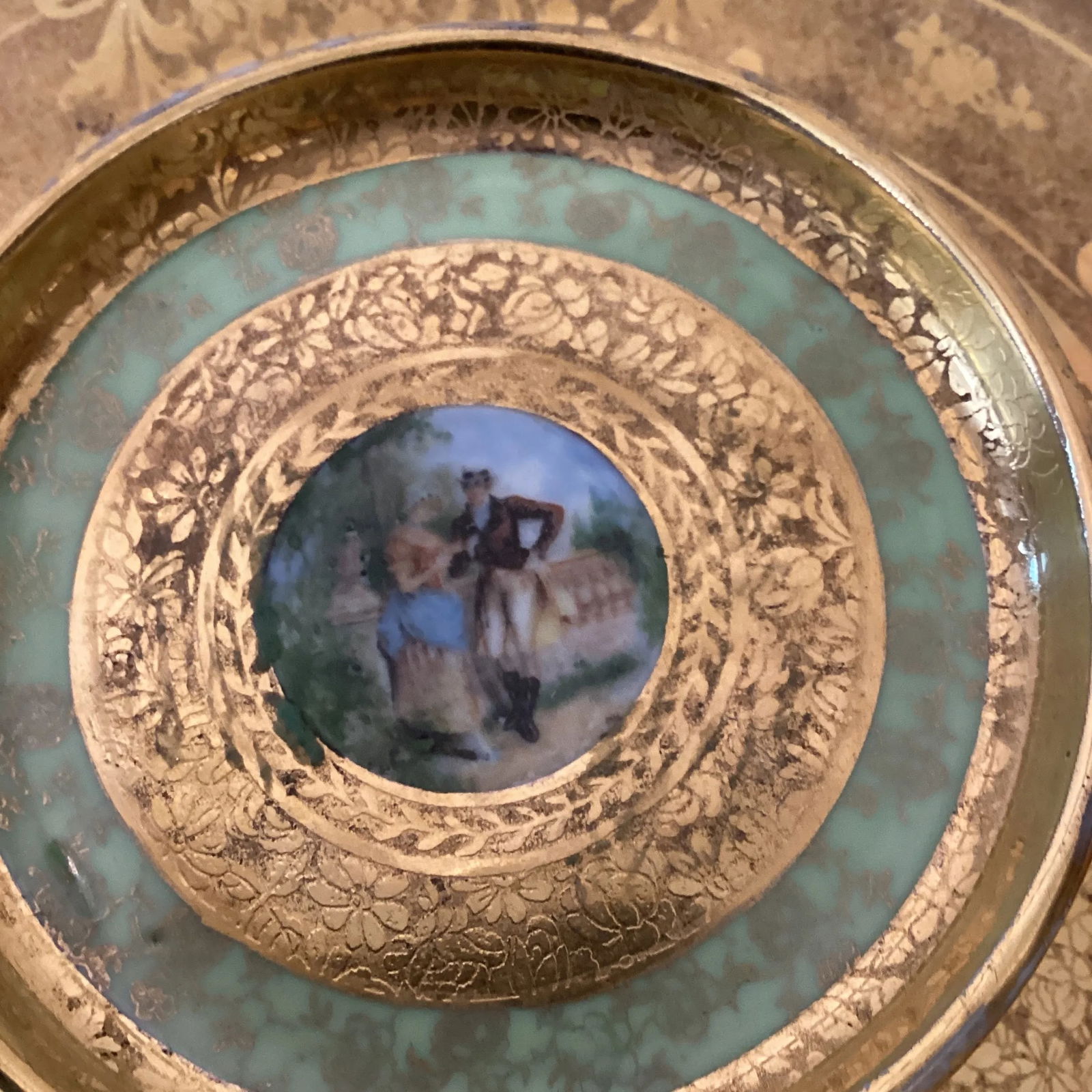 Antique Etched 22K Gold 2-Tiered and Tidbit Porcelain Tray Handmade Hand Painted Men and Women Love - 4