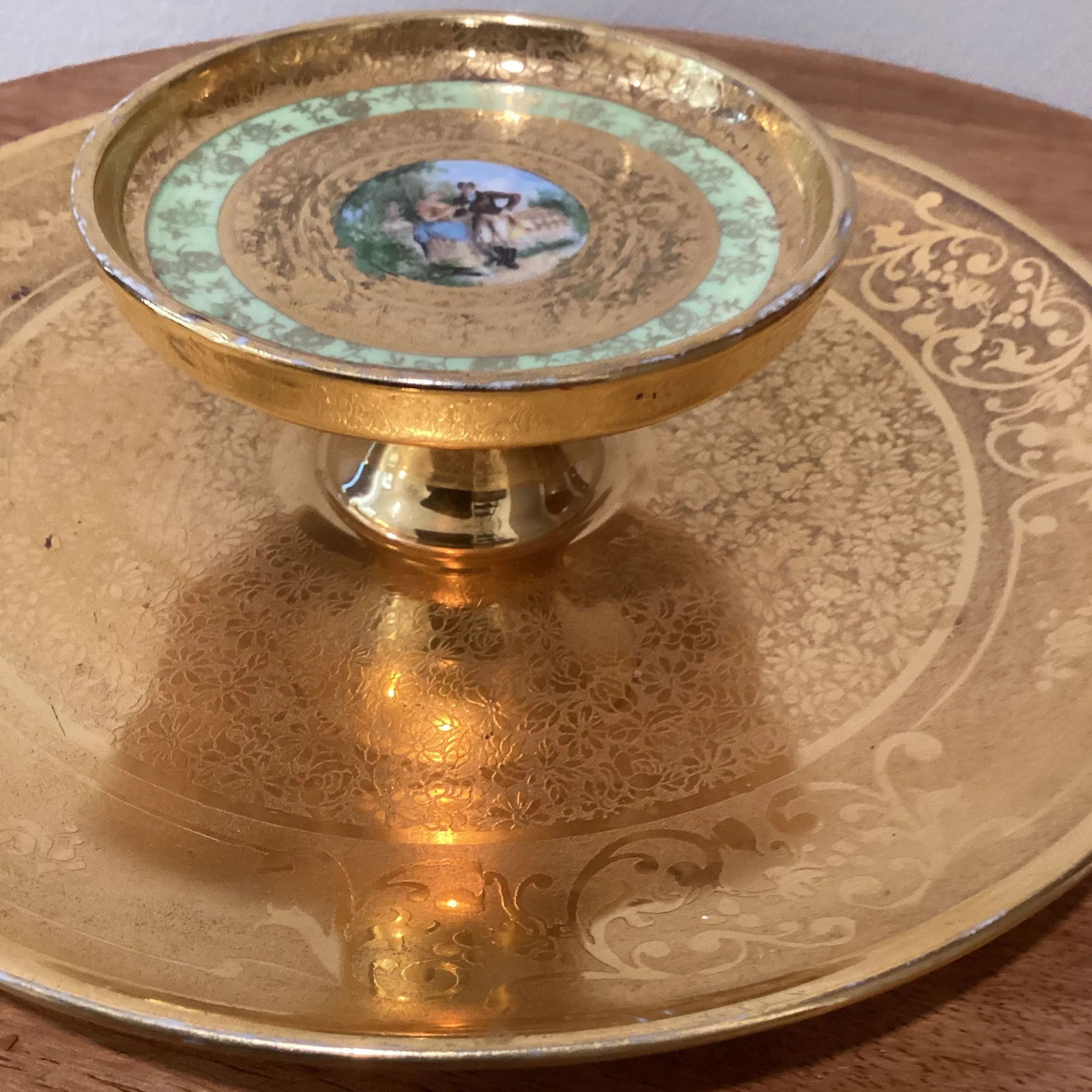 Antique Etched 22K Gold 2-Tiered and Tidbit Porcelain Tray Handmade Hand Painted Men and Women Love - 8