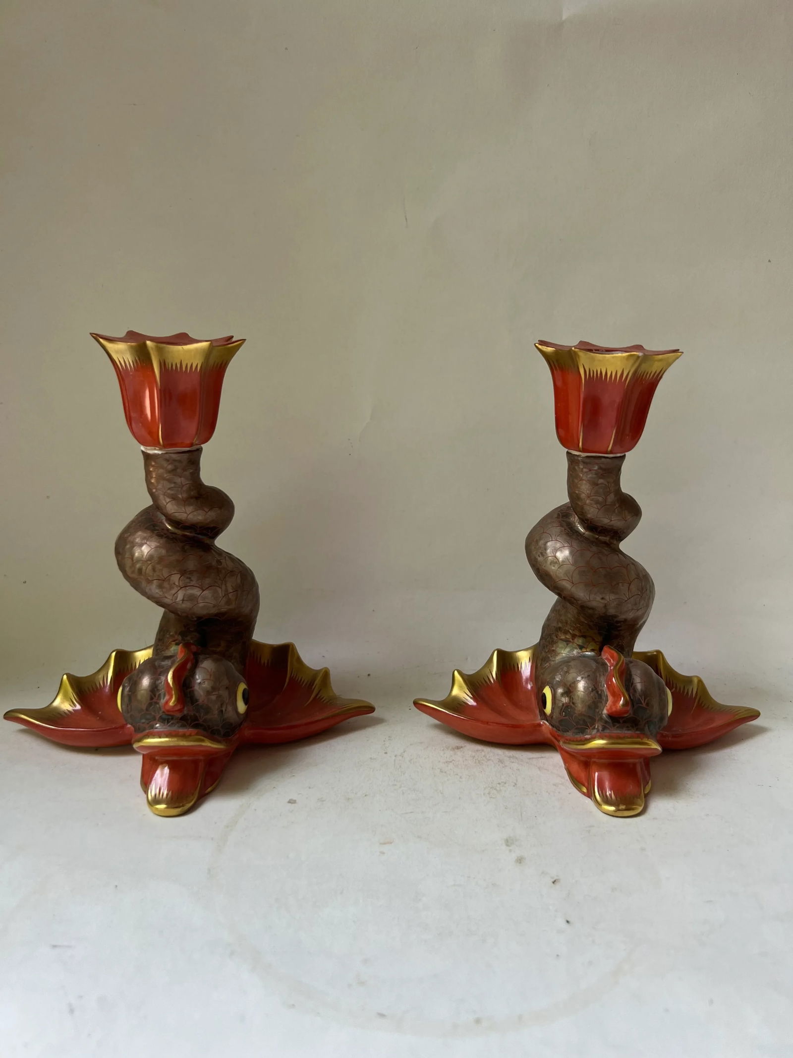 Vintage Herend Porcelain Hungary Koi Fish Figure Candleholders Candlesticks- a Pair - 2